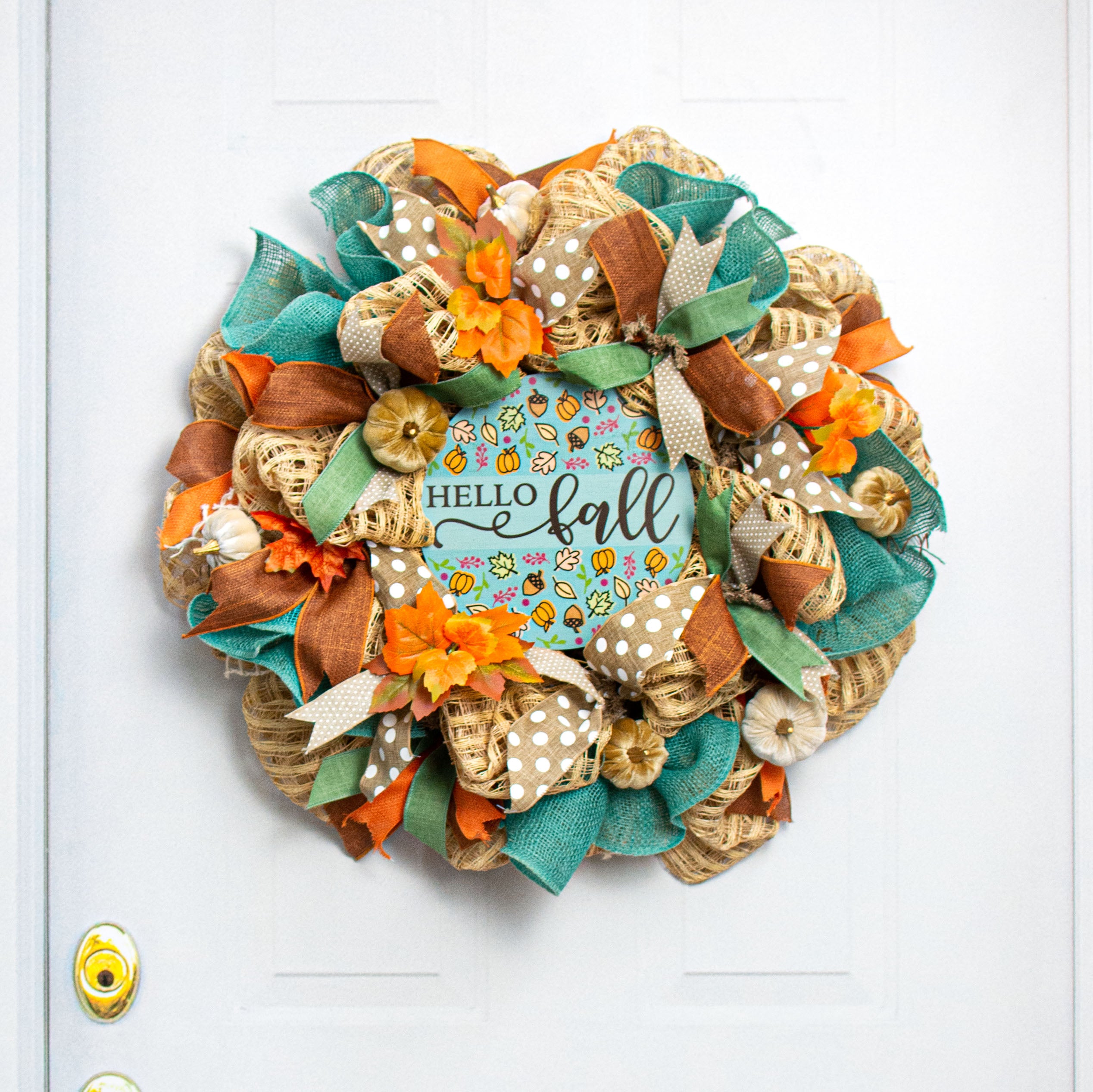 9.4" Round Waterproof Sign: Teal Hello Fall Lifestyle Photo