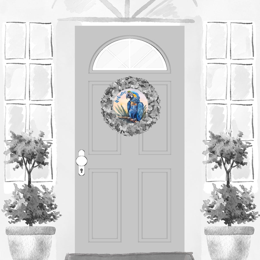 9.4" Round Waterproof Sign: Watercolor Macaw Parrot Lifestyle Photo