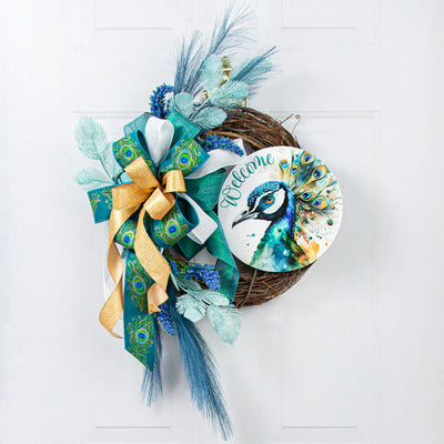 9.4" Round Waterproof Sign: Watercolor Peacock Lifestyle Photo