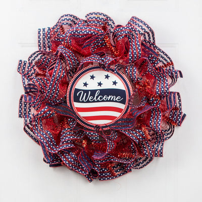 9.4" Round Waterproof Sign: Welcome Gingham USA Flag Lifestyle Photo