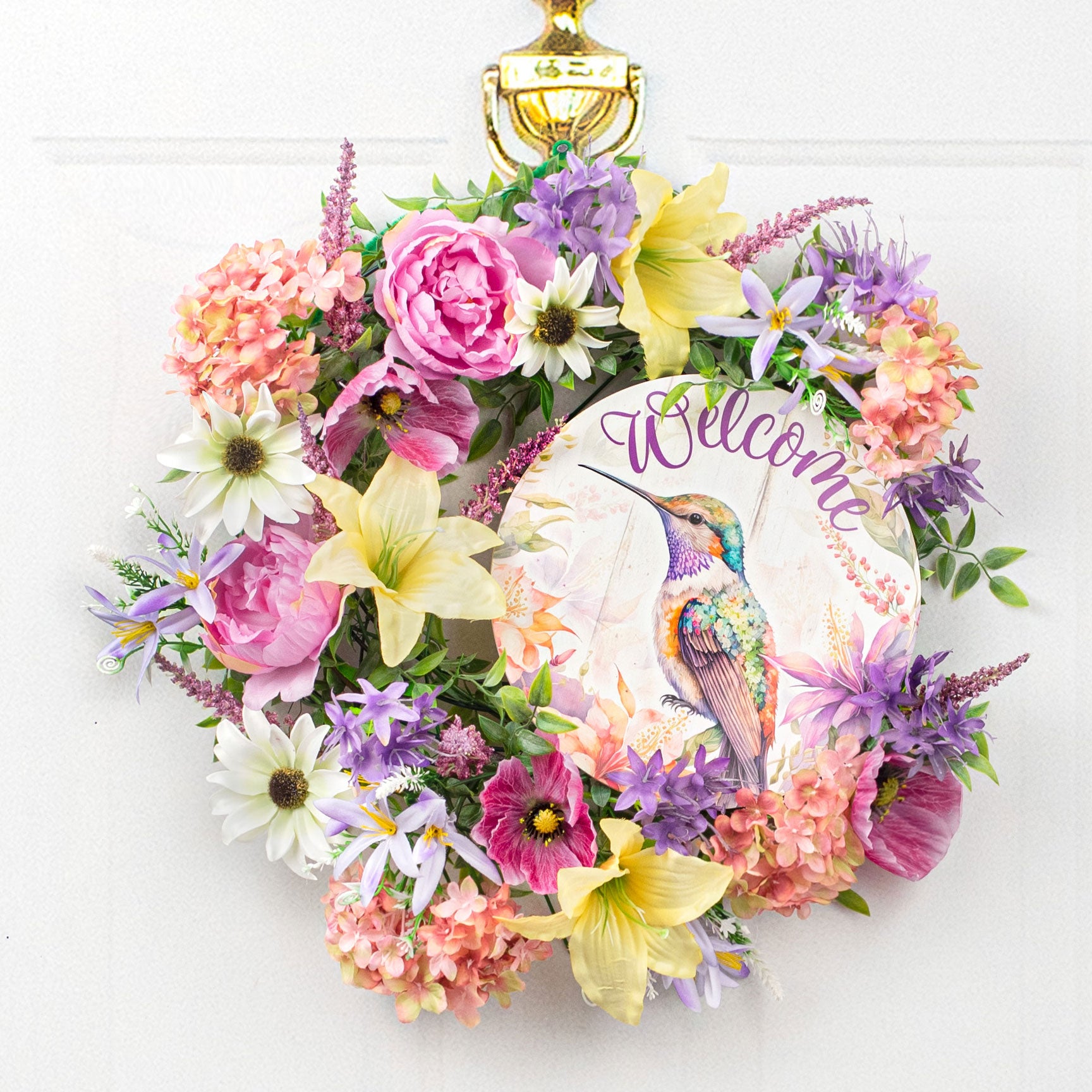 9.4" Round Waterproof Sign: Welcome Hummingbird Lifestyle Photo