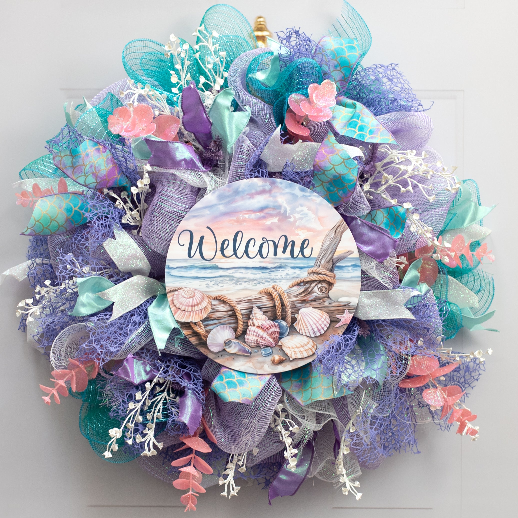 10.5" Round Waterproof Sign: Welcome Pastel Seashells Sunset Lifestyle Photo