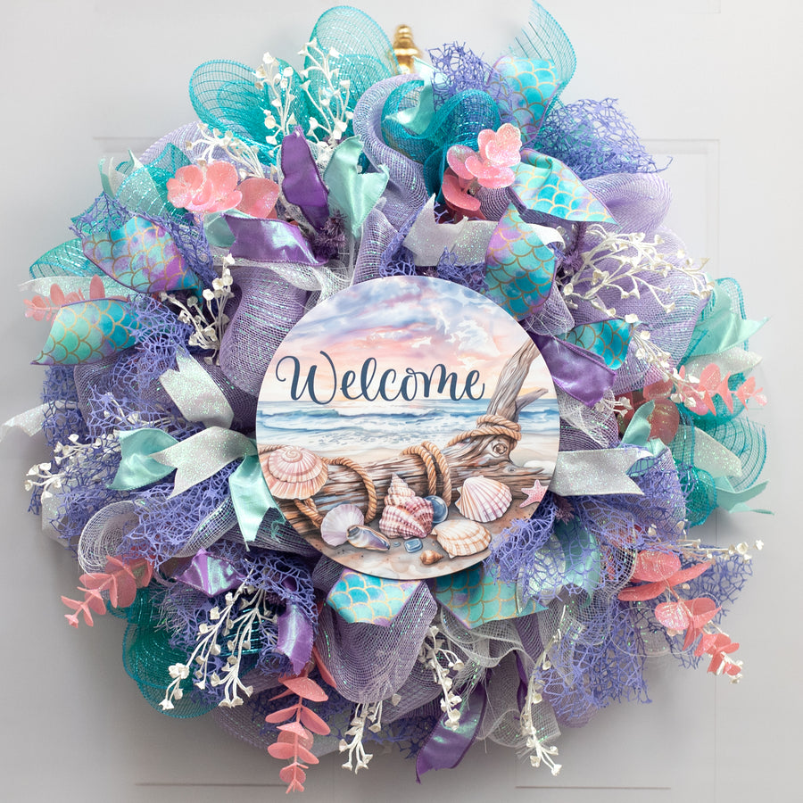 10.5" Round Waterproof Sign: Welcome Pastel Seashells Sunset Lifestyle Photo