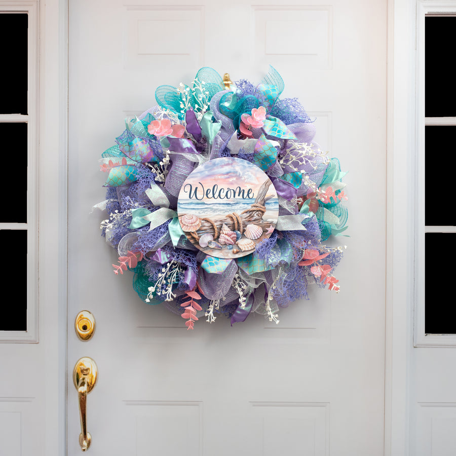 10.5" Round Waterproof Sign: Welcome Pastel Seashells Sunset detail photo 4