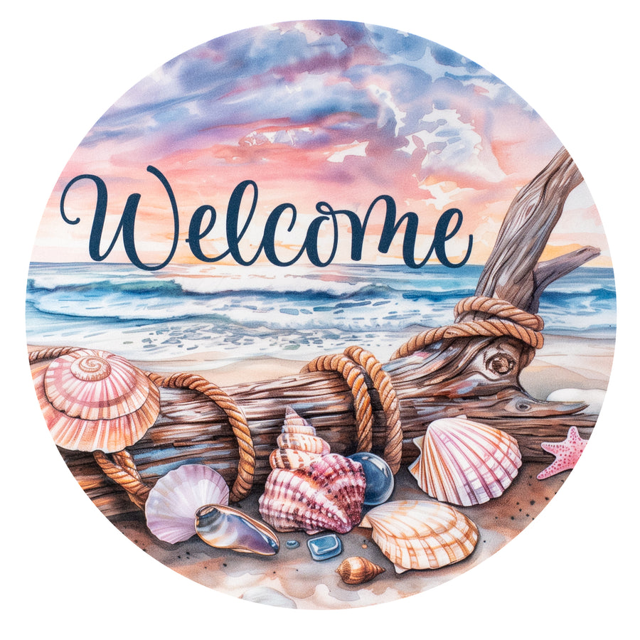 10.5" Round Waterproof Sign: Welcome Pastel Seashells Sunset Item Number: CD1143NH