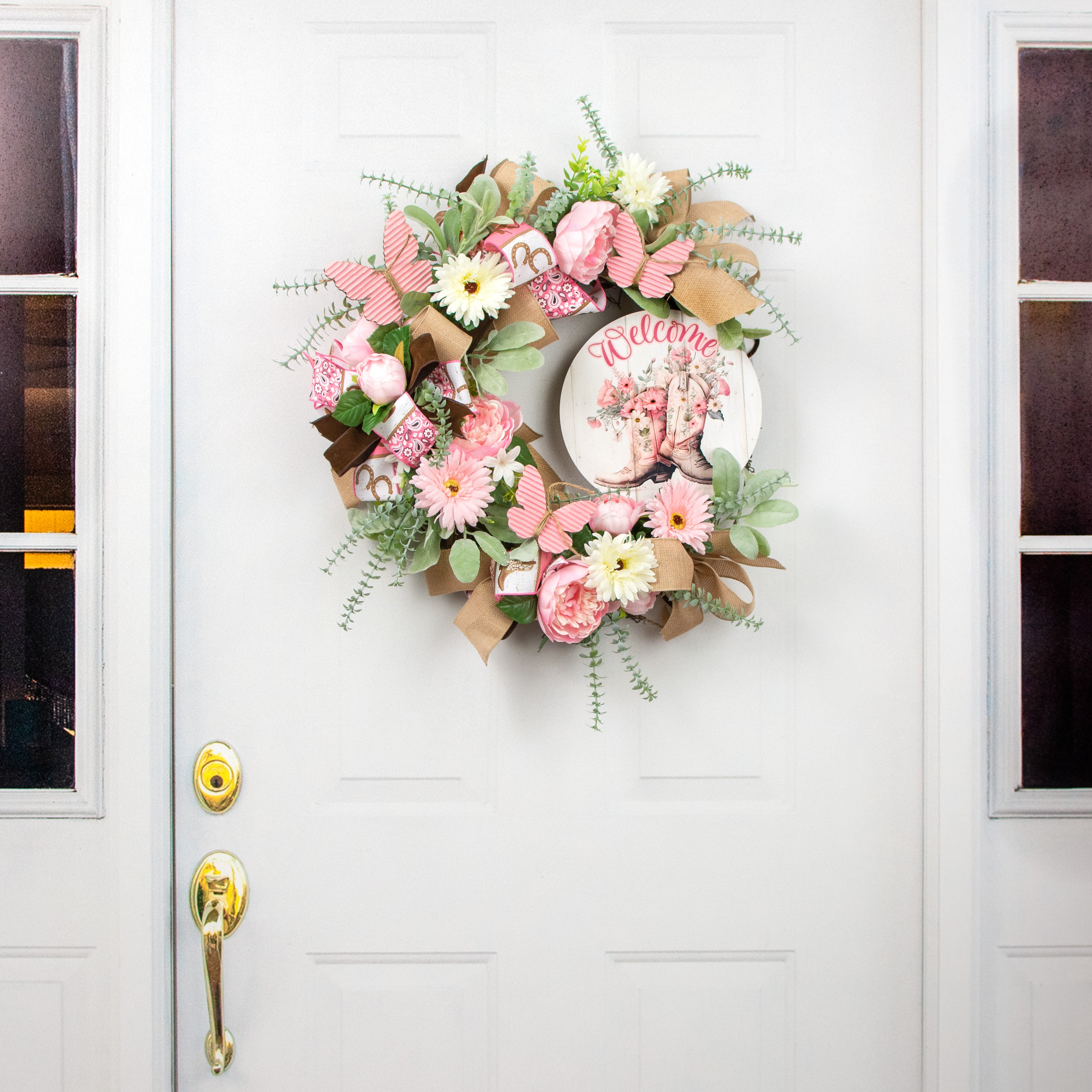 9.4" Round Waterproof Sign: Welcome Pink Floral Cowboy Boots detail photo 4