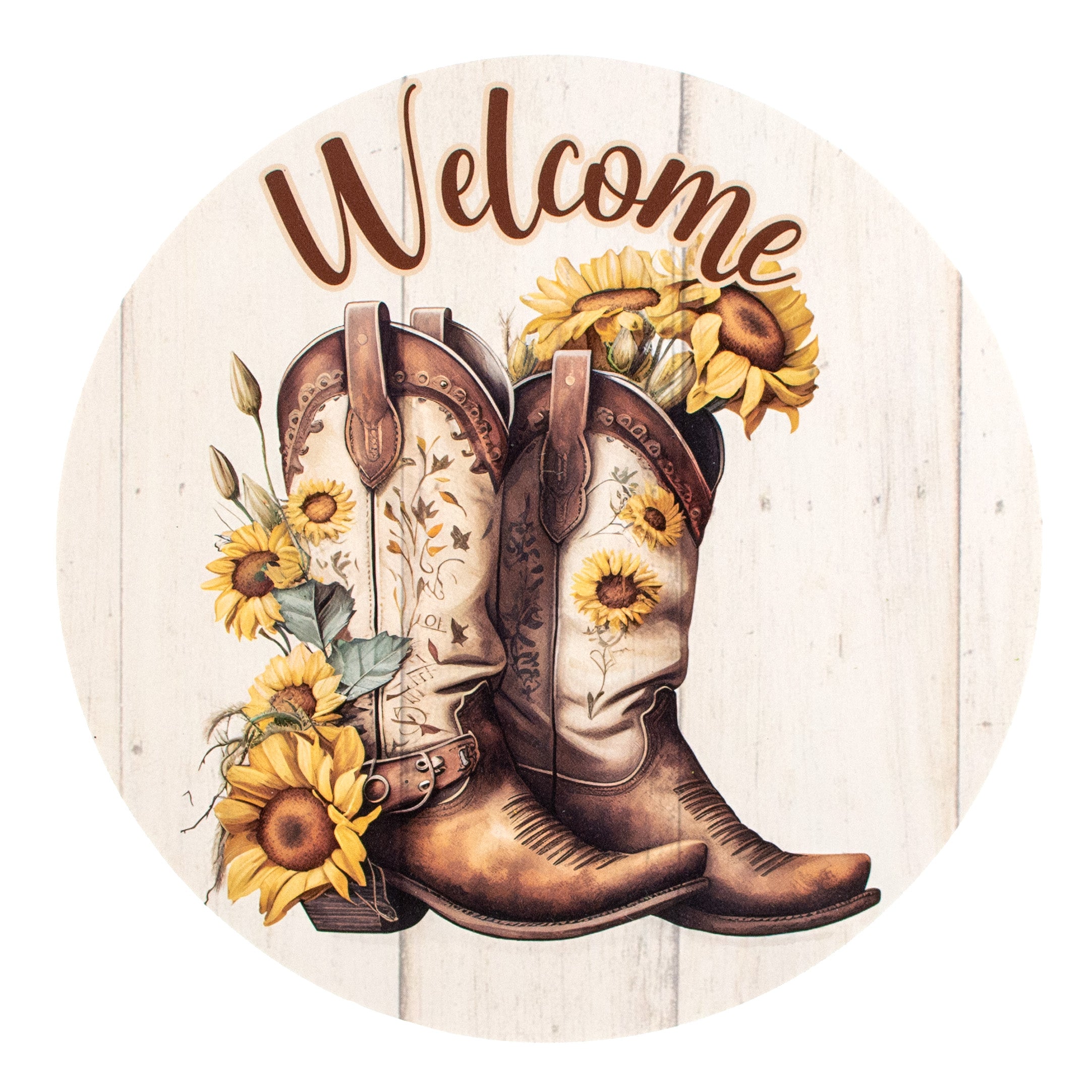 9.4" Round Waterproof Sign: Welcome Sunflower Cowboy Boots Item Number: CD1057NH