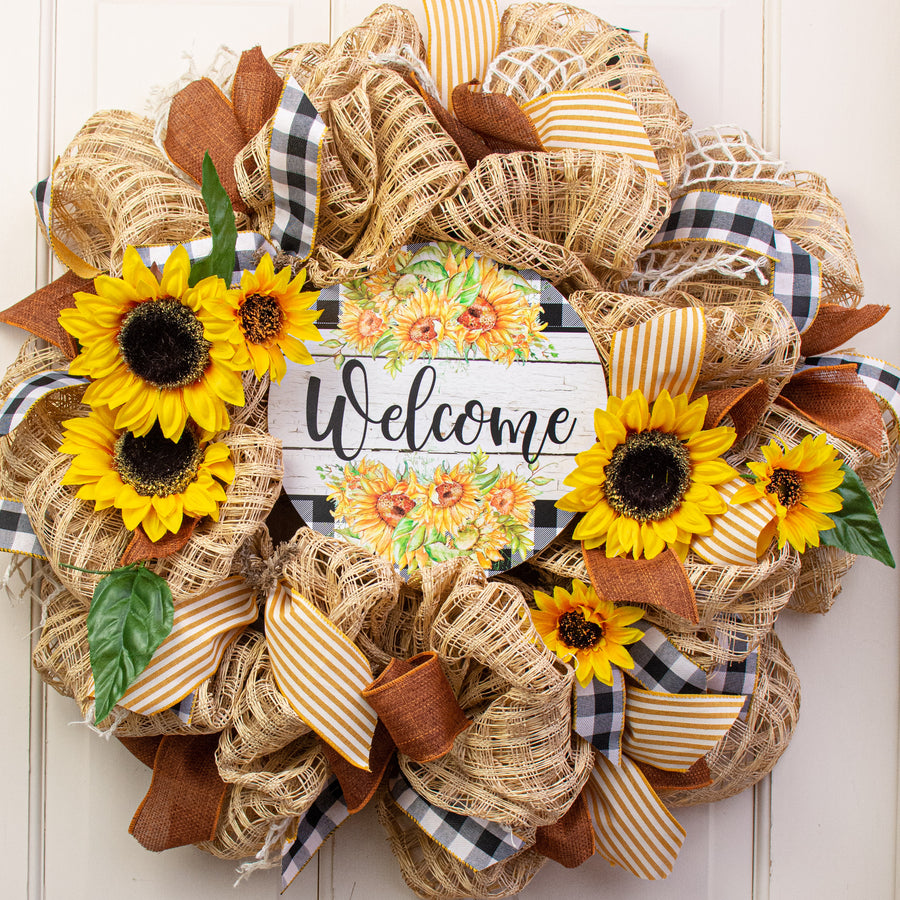 9.4" Round Waterproof Sign: Welcome Sunflowers Lifestyle Photo