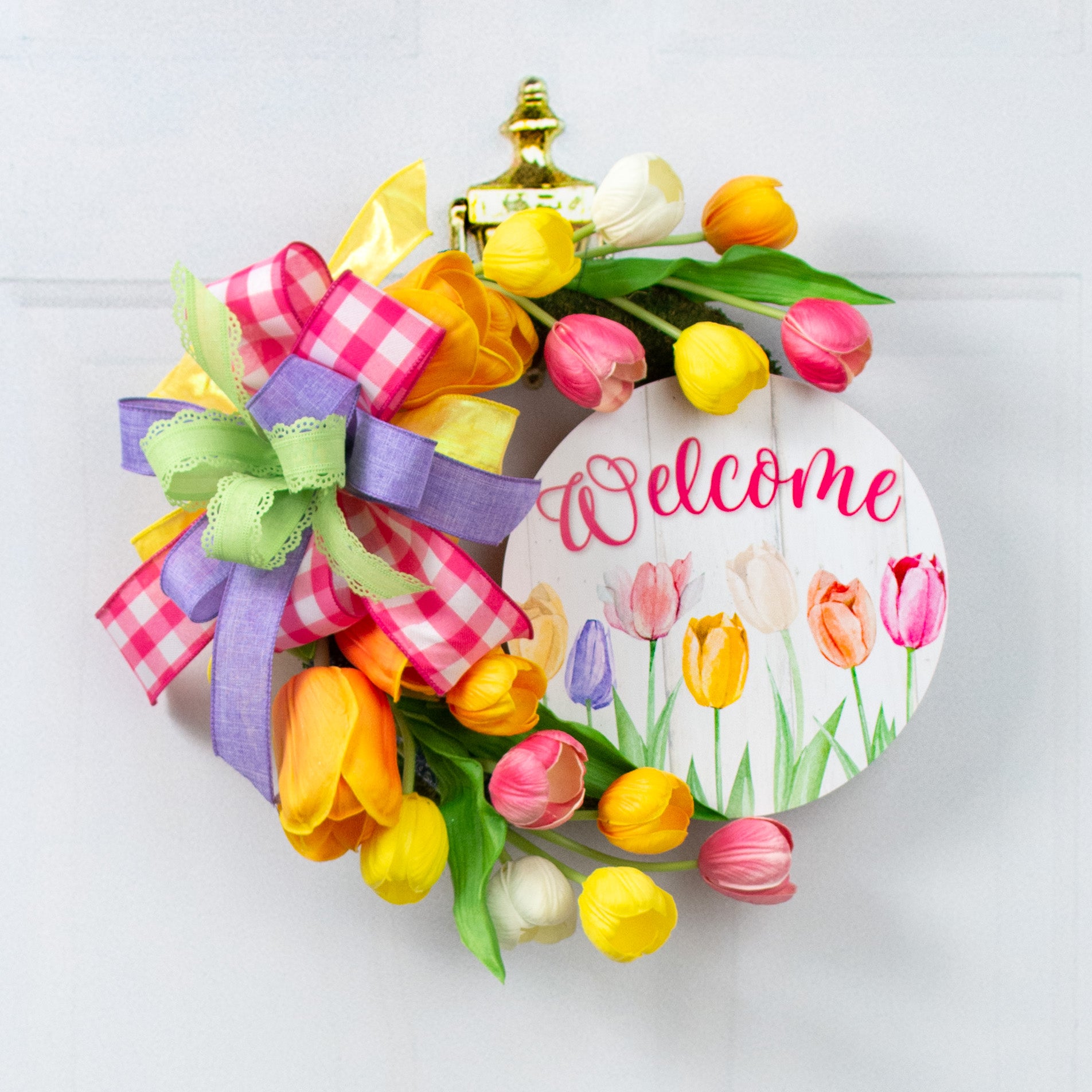 9.4" Round Waterproof Sign: Welcome Tulips Lifestyle Photo