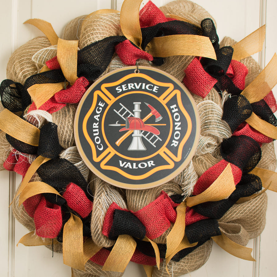 10" Round Wooden Sign: Fire Fighter Shield Lifestyle Photo
