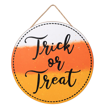 10" Round Wooden Sign: Trick Or Treat Candy Corn Item Number: AP8850