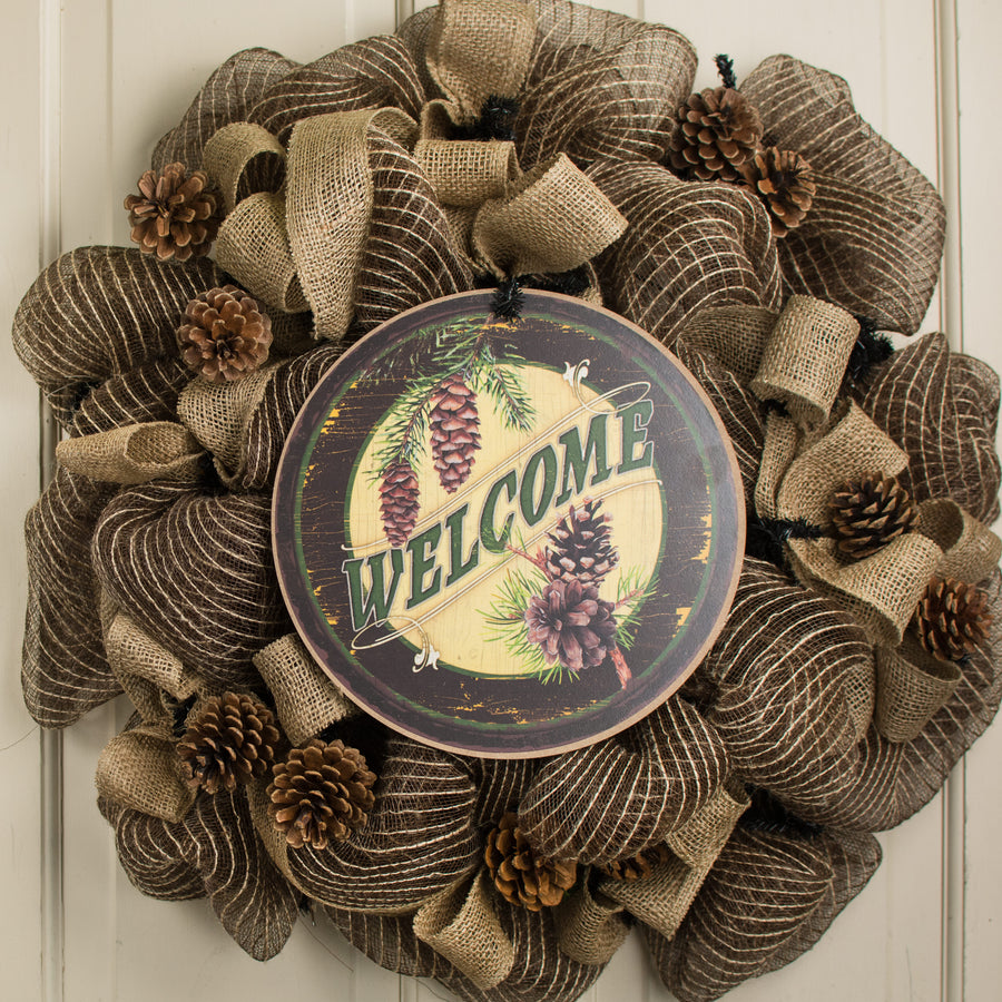 10" Round Wooden Sign: Welcome Pines Lifestyle Photo