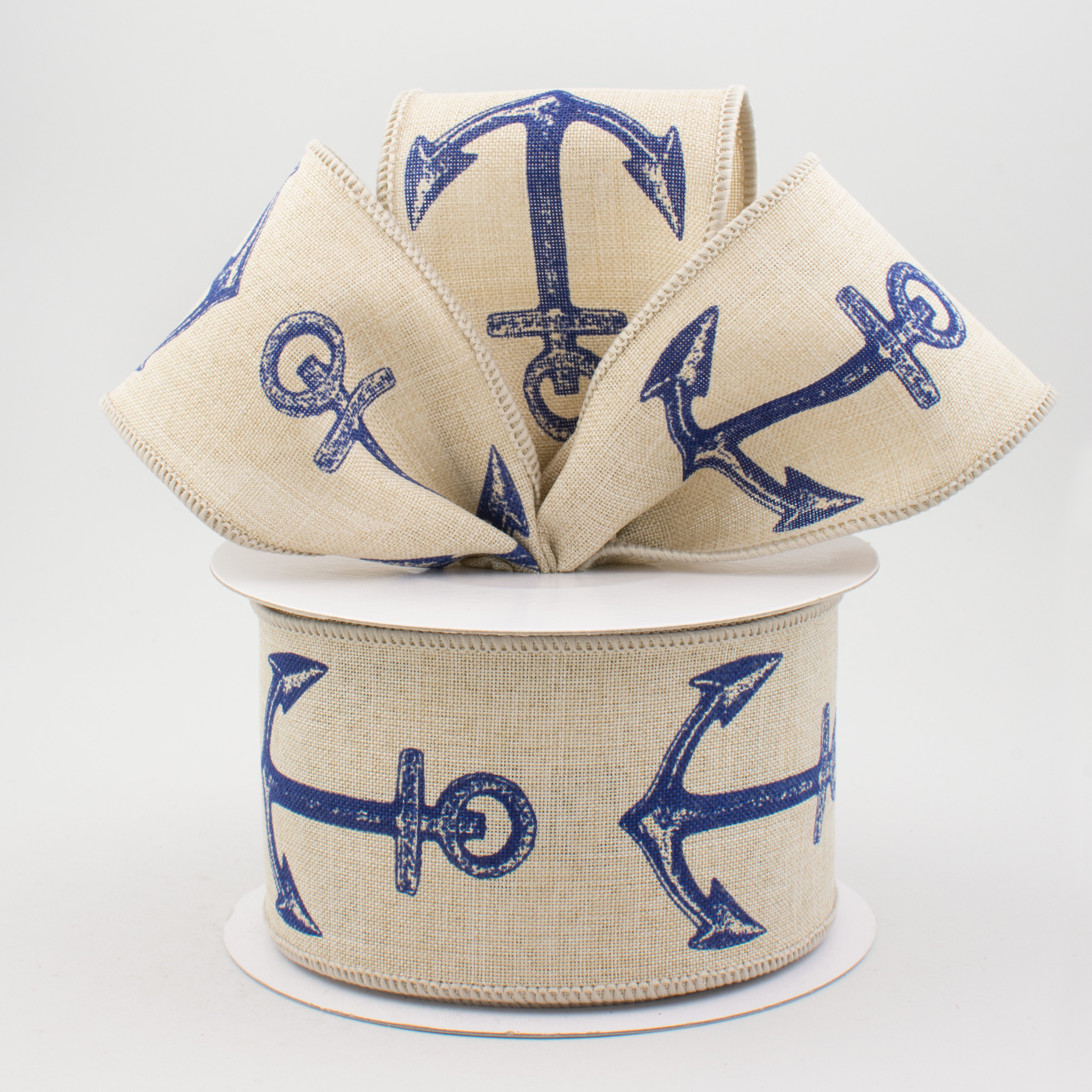 2.5" Royal Canvas Bold Anchor Ribbon: Natural & Navy (10 Yards) Lifestyle Photo