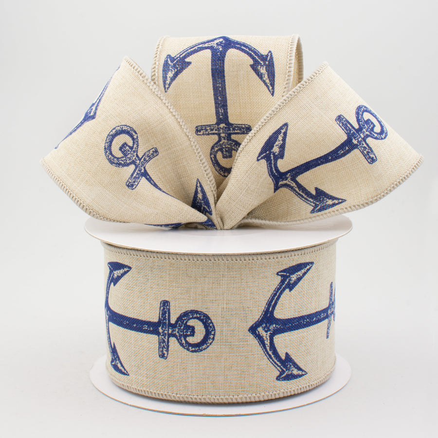 2.5" Royal Canvas Bold Anchor Ribbon: Natural & Navy (10 Yards) Lifestyle Photo