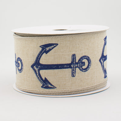 2.5" Royal Canvas Bold Anchor Ribbon: Natural & Navy (10 Yards)