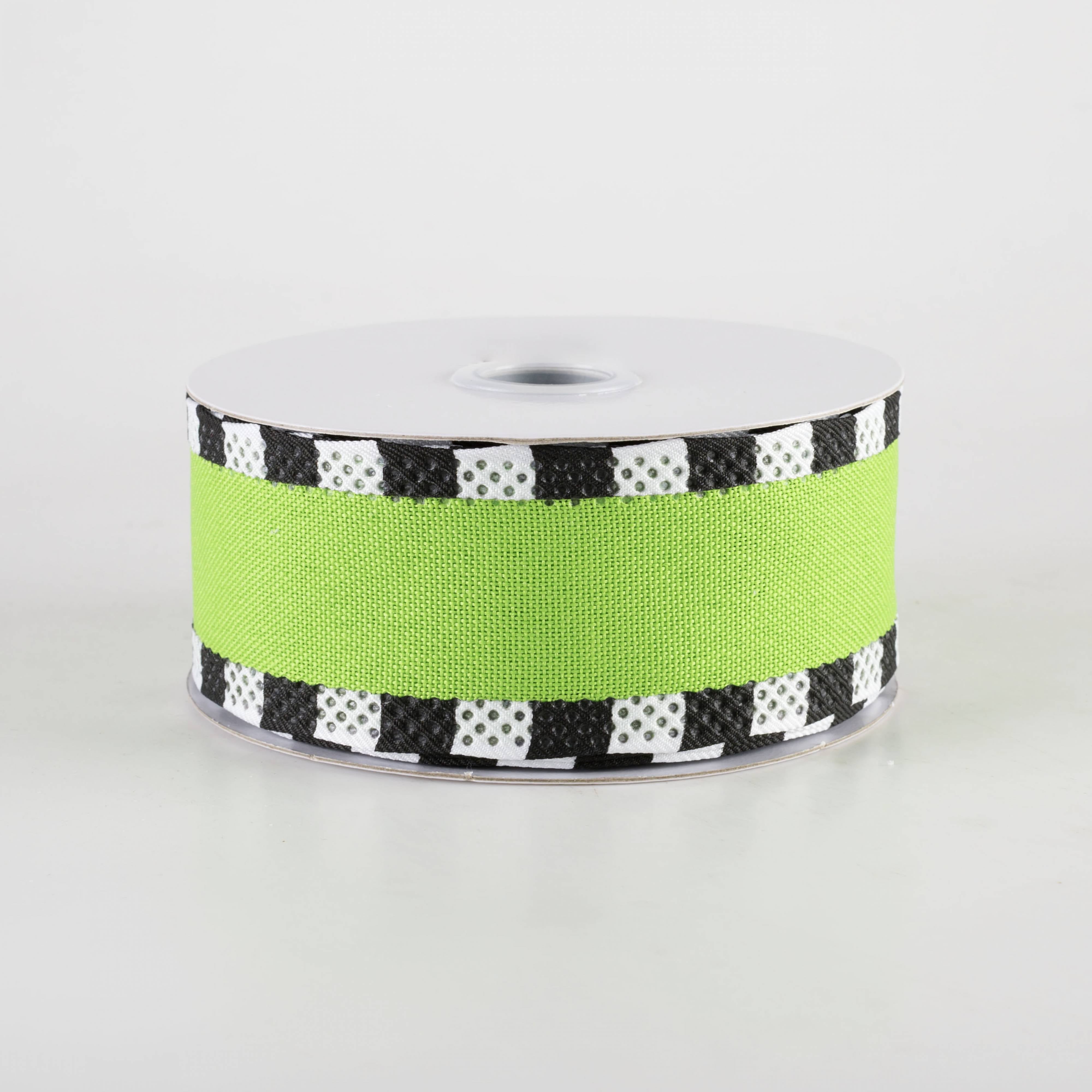1.5" Royal Canvas Dash Edge Ribbon: Fresh Green, Black & White (10 Yards) Item Number: RGC8134AM