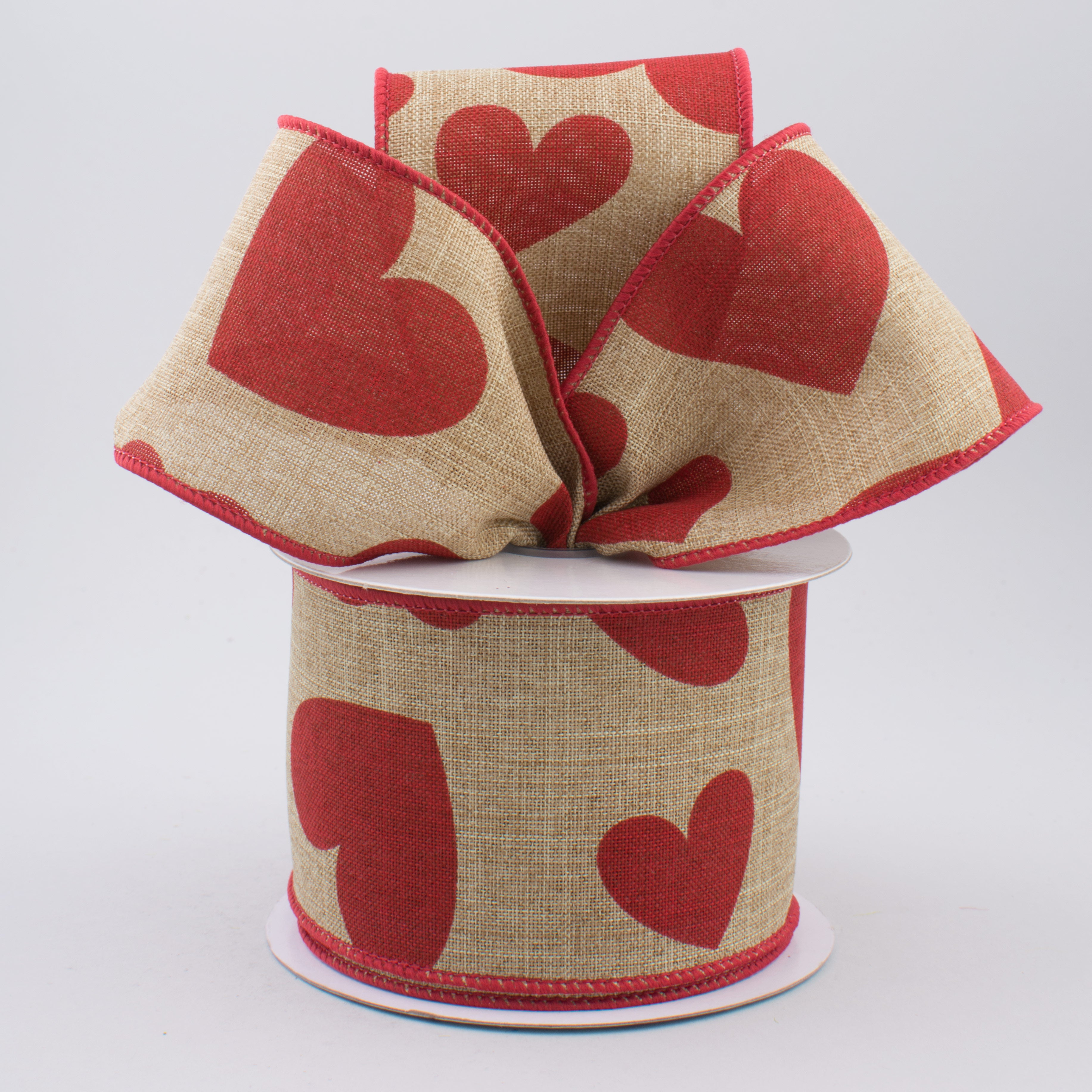 2.5" Royal Canvas Large Heart Ribbon: Natural & Red (10 Yards) Lifestyle Photo