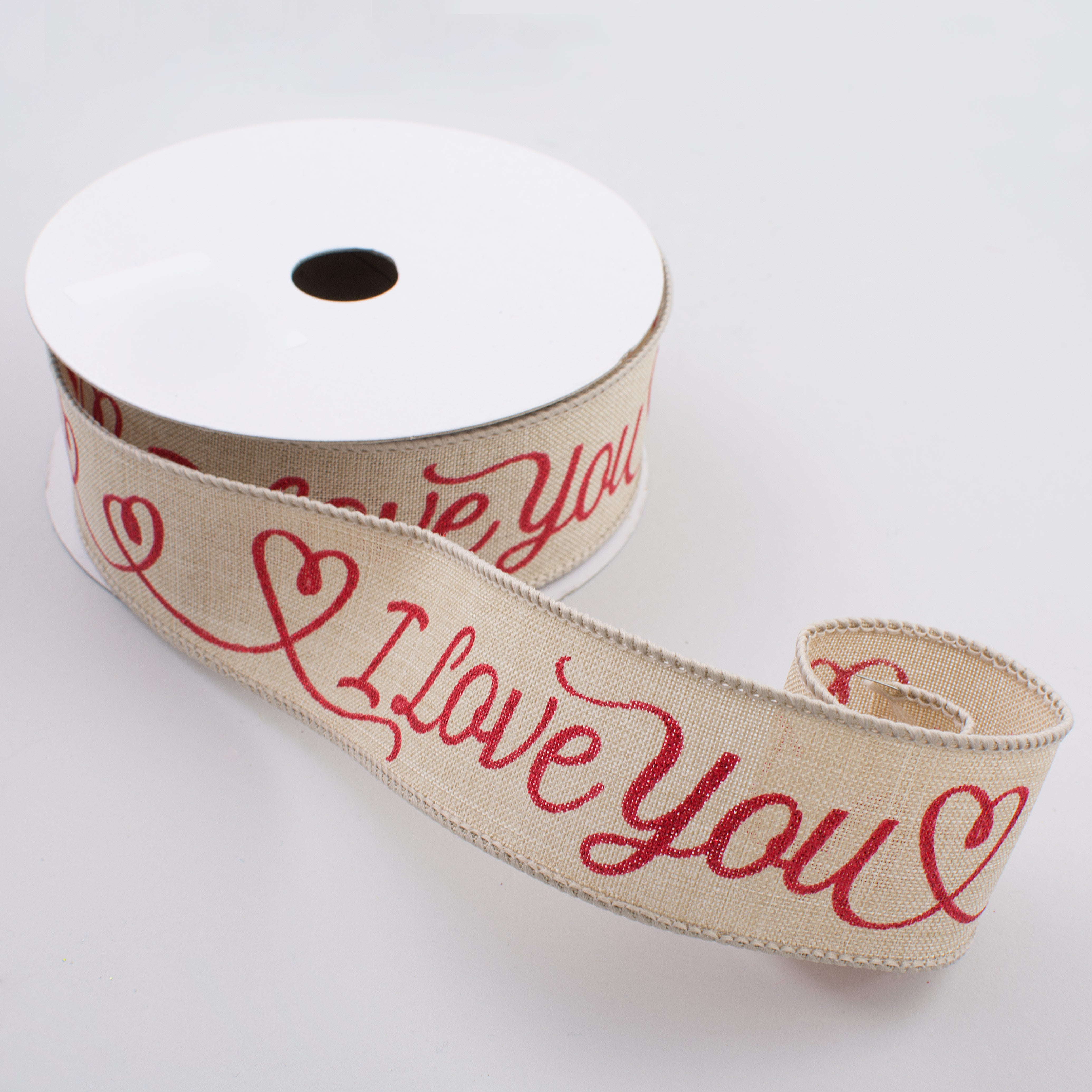 1.5" Royal Canvas Metallic Glittered I Love You Ribbon: Natural & Red (10 Yards) Lifestyle Photo