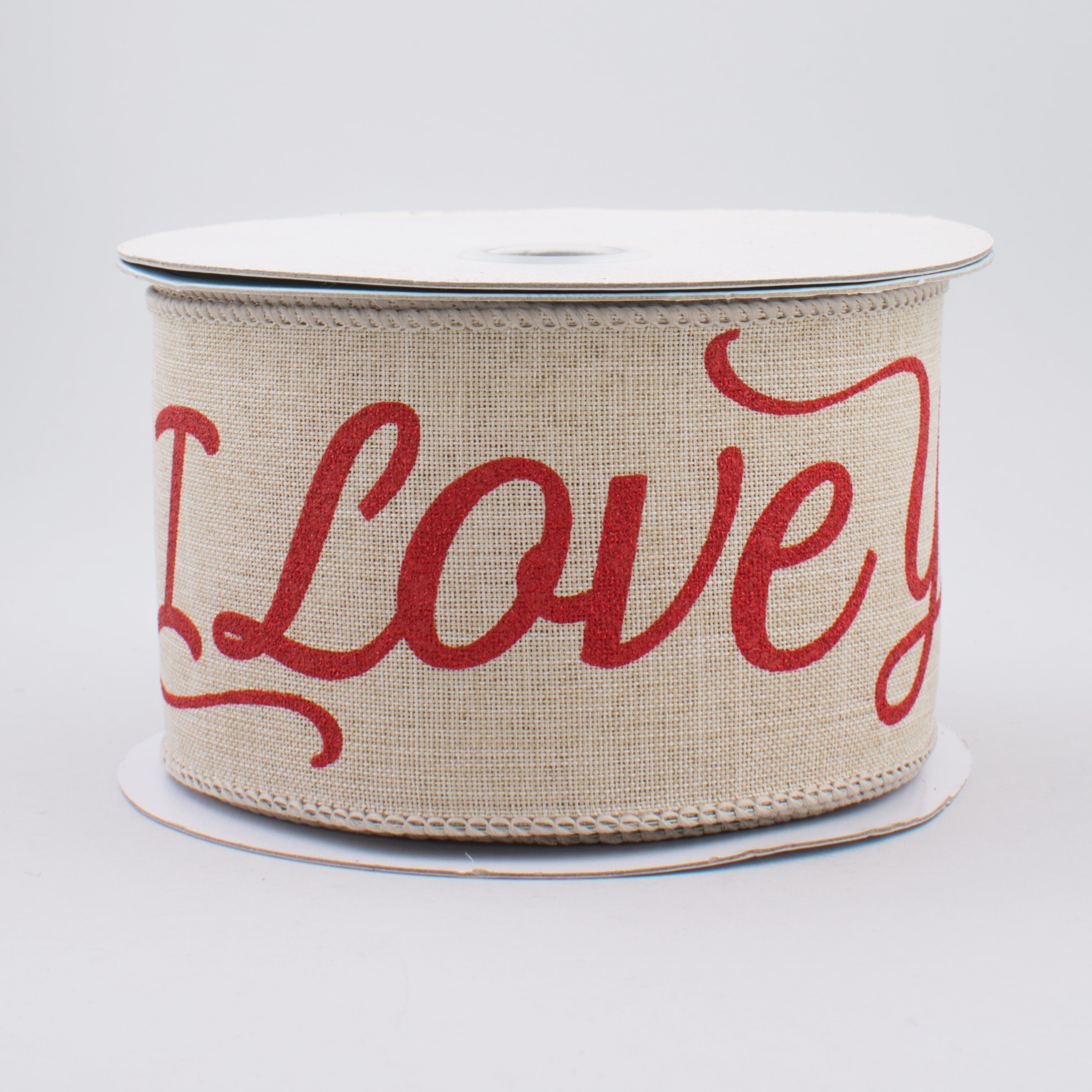 2.5" Royal Canvas Metallic Glittered I Love You Ribbon: Natural & Red (10 Yards)