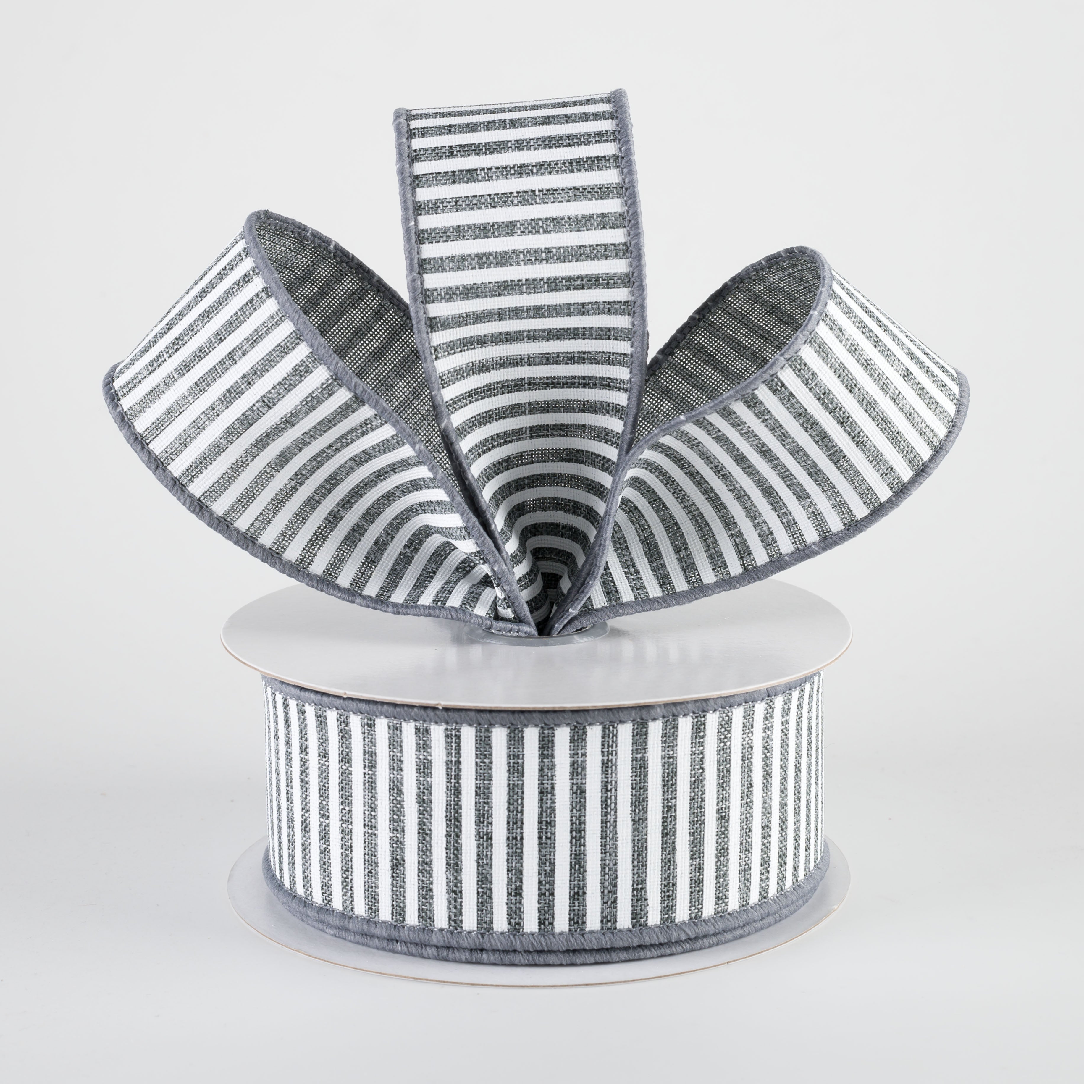 1.5" Royal Canvas Pinstripe Ribbon: Grey & White (10 Yards) Lifestyle Photo