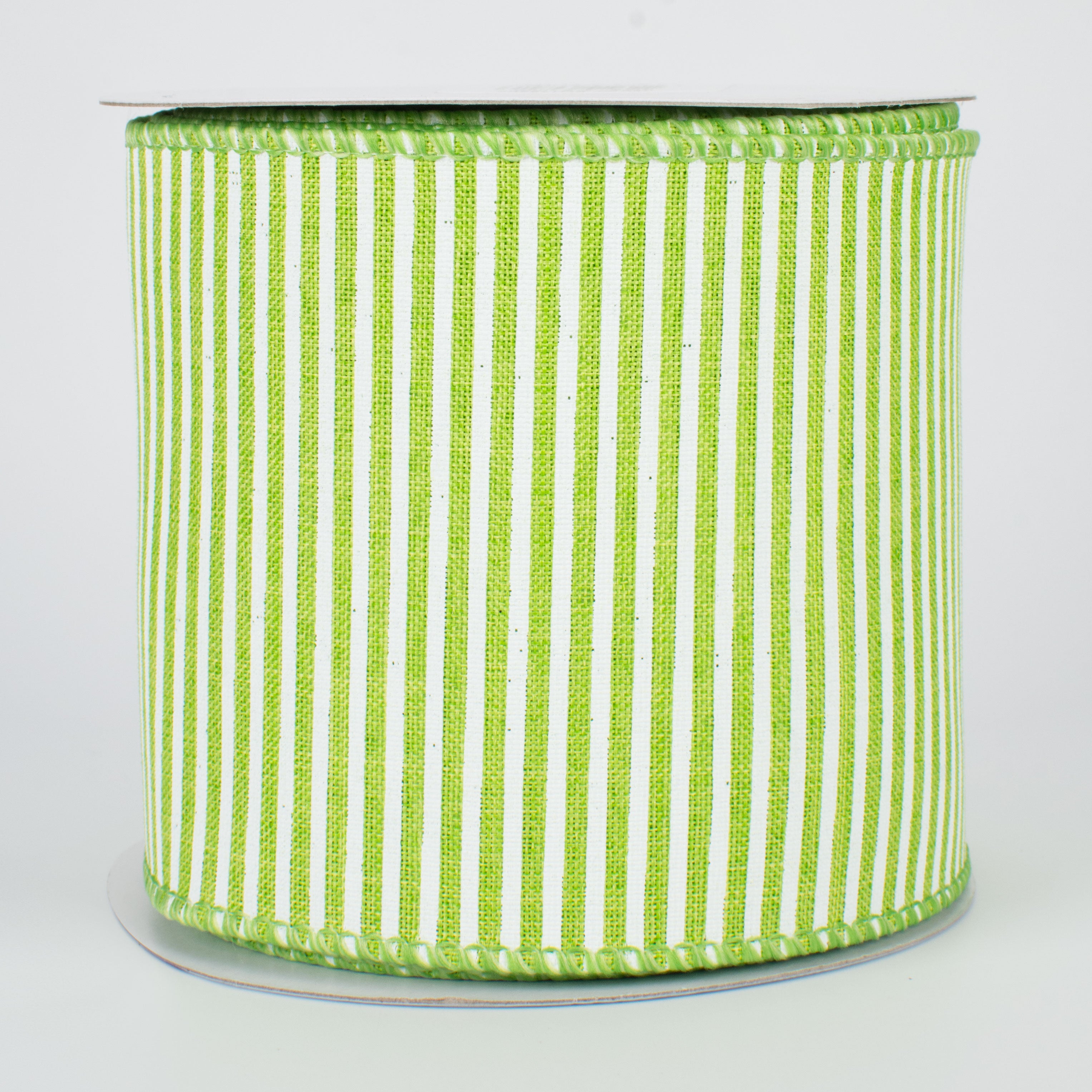4" Royal Canvas Pinstripe Ribbon: Lime Green & White (10 Yards)