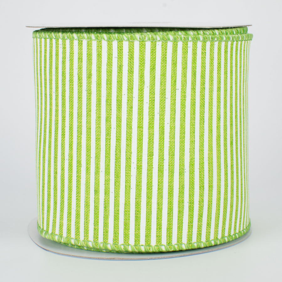 4" Royal Canvas Pinstripe Ribbon: Lime Green & White (10 Yards)