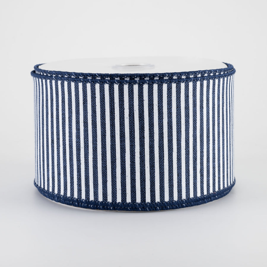 2.5" Royal Canvas Pinstripe Ribbon: Navy Blue & White (10 Yards)