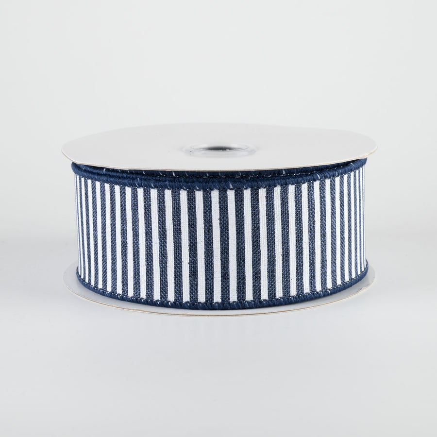 1.5" Royal Canvas Pinstripe Ribbon: Navy Blue & White (10 Yards)