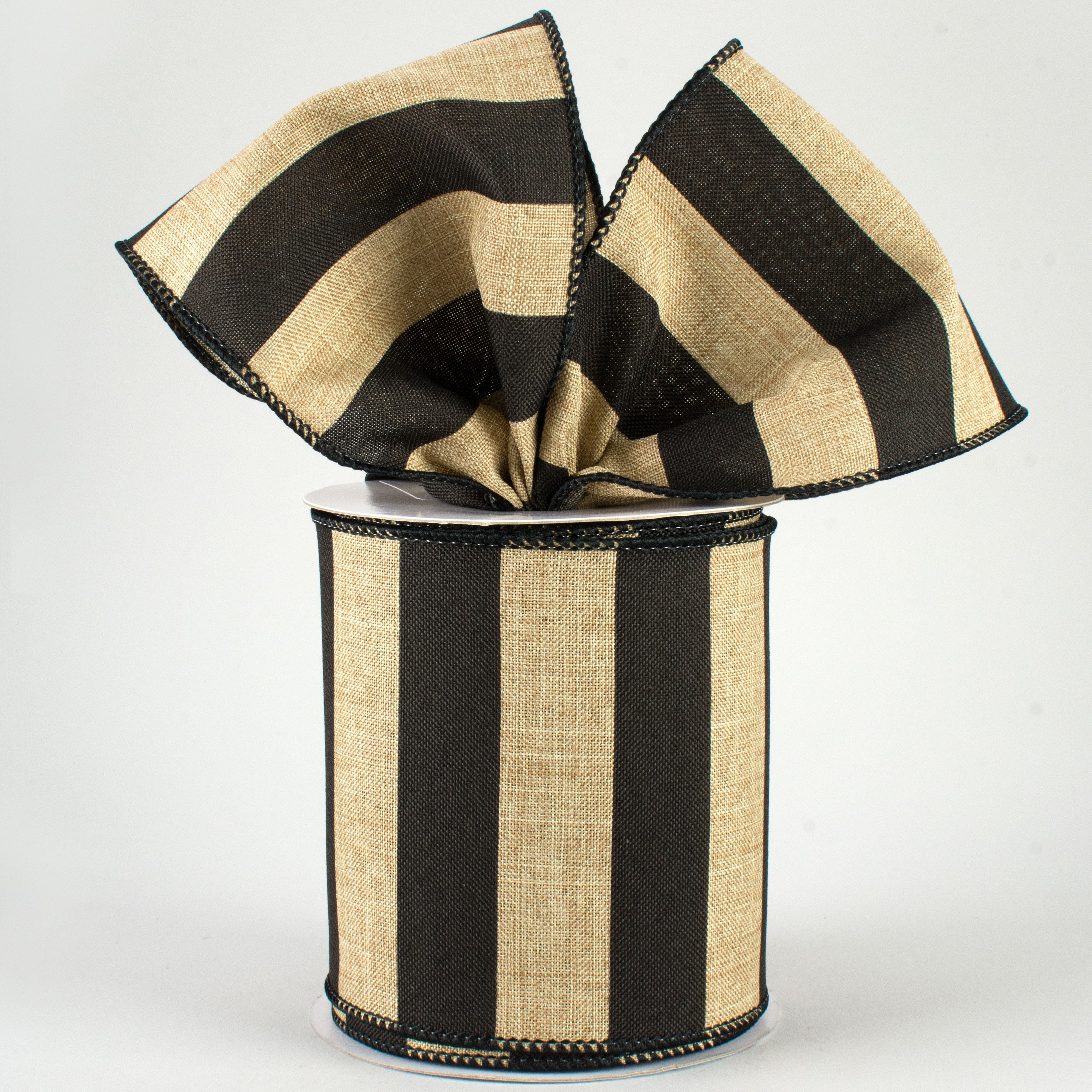 4" Royal Canvas Wide Stripe Ribbon: Natural & Black (10 Yards) Lifestyle Photo