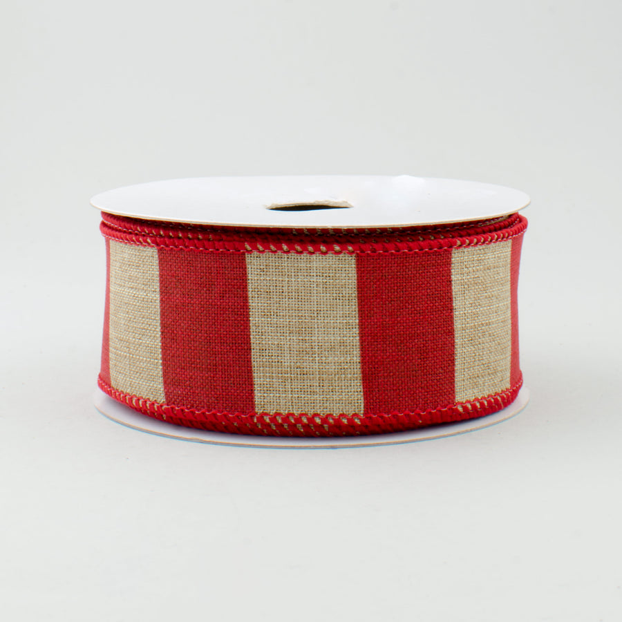 1.5" Royal Canvas Wide Stripe Ribbon: Natural & Red (10 Yards)