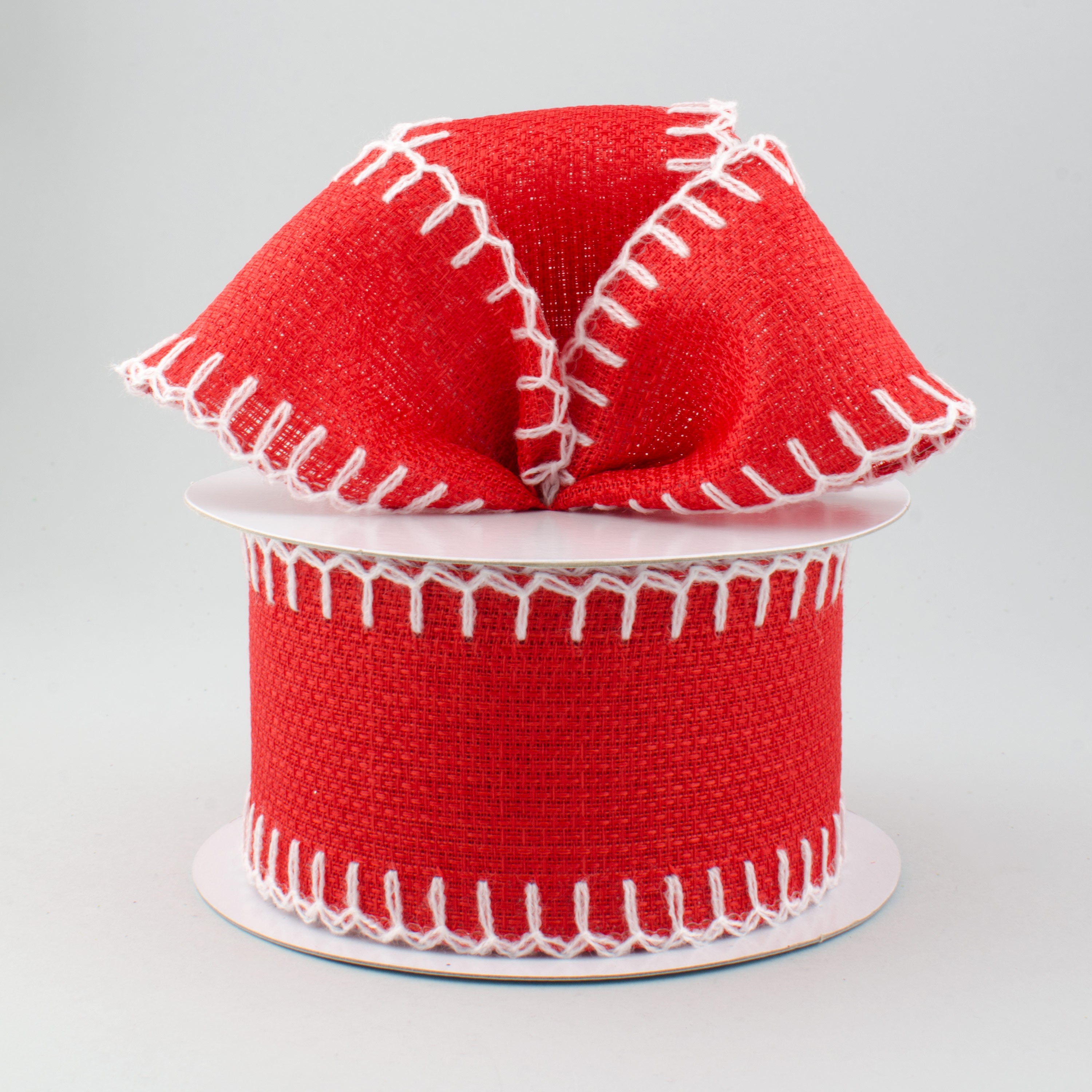 2.5" Royal Faux Burlap Blanket Stitched Edge Ribbon: Red & White (10 Yards) Lifestyle Photo