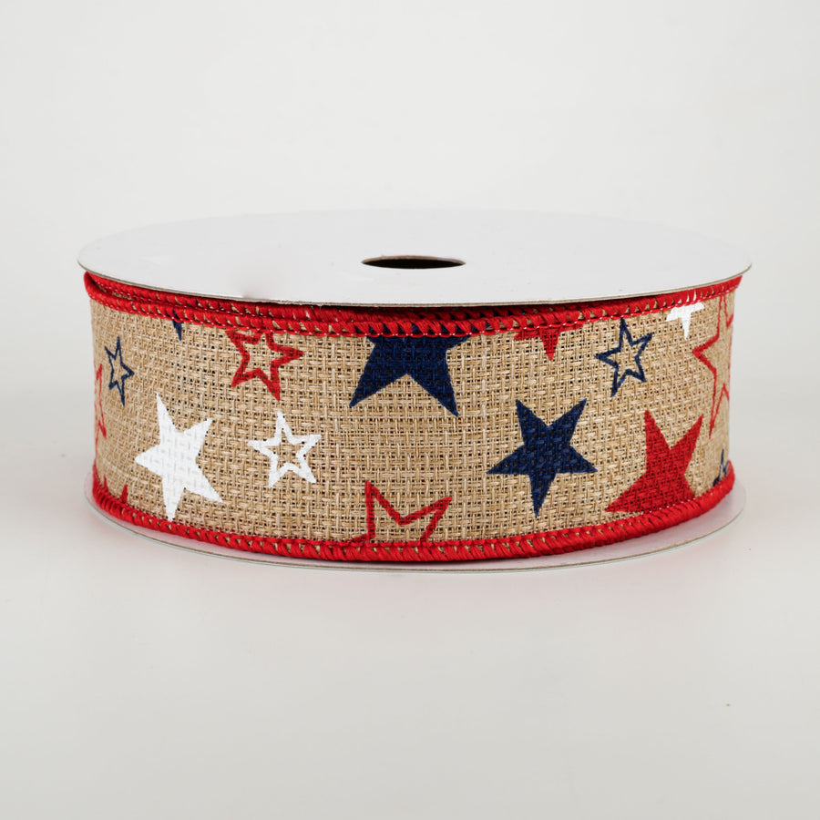 1.5" Royal Faux Burlap Stars Ribbon: RWB (10 Yards)