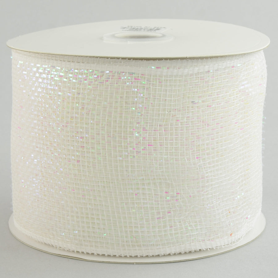 4" Poly Deco Mesh Ribbon: Metallic White/Iridescent Foil