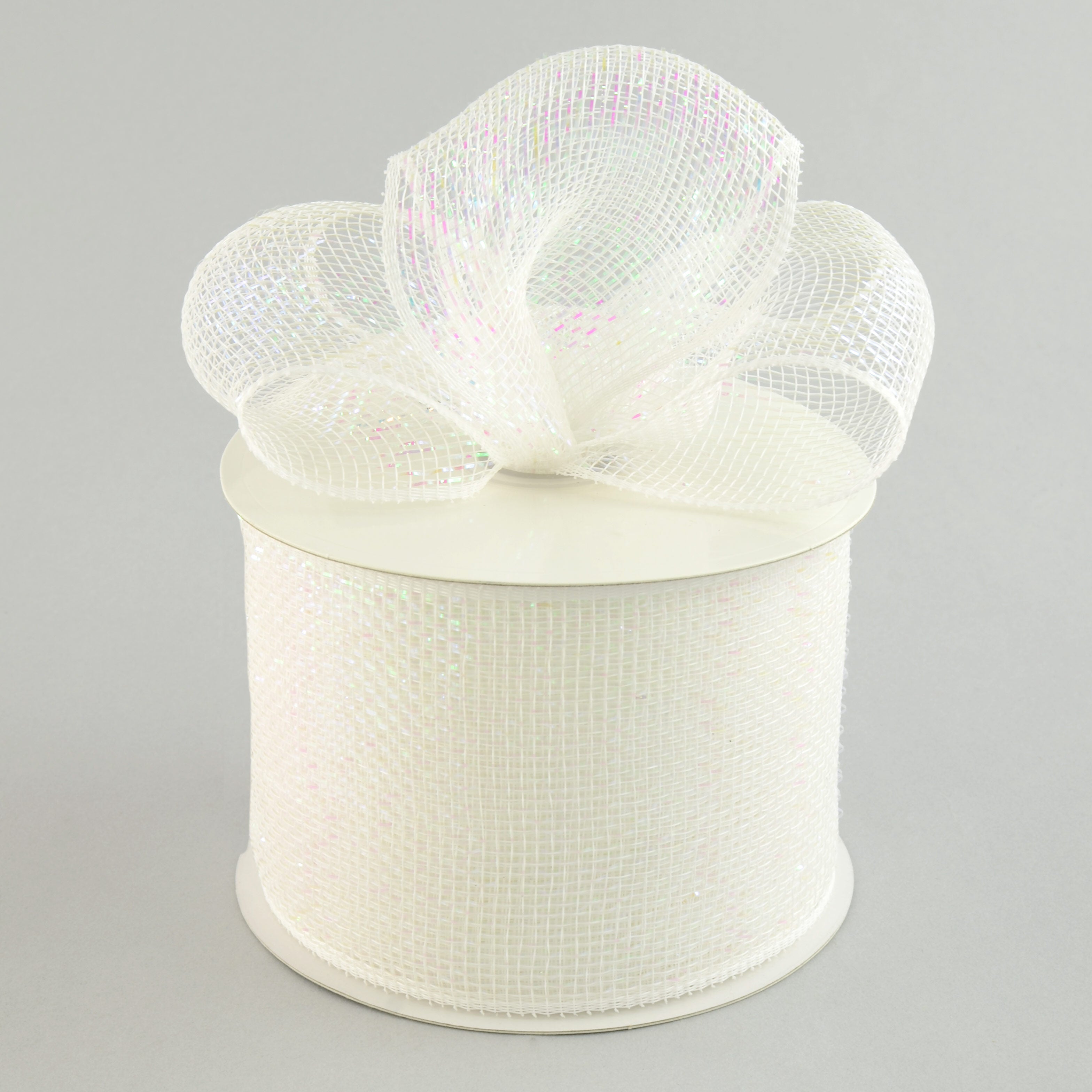 4" Poly Deco Mesh Ribbon: Metallic White/Iridescent Foil