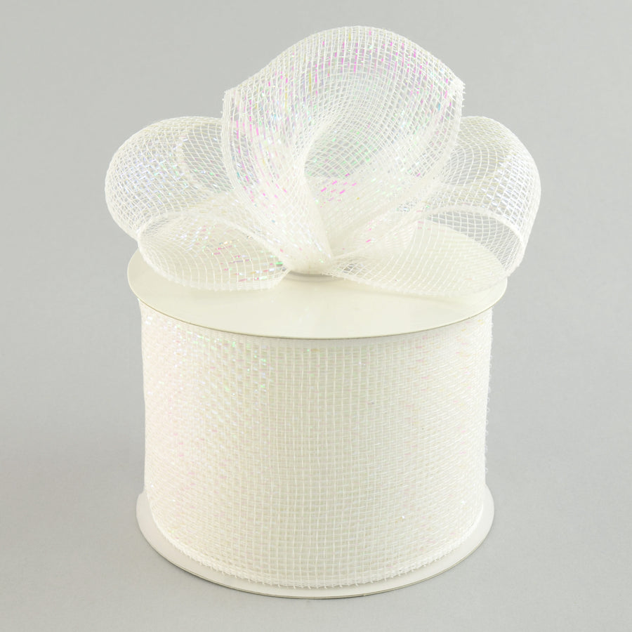 4" Poly Deco Mesh Ribbon: Metallic White/Iridescent Foil