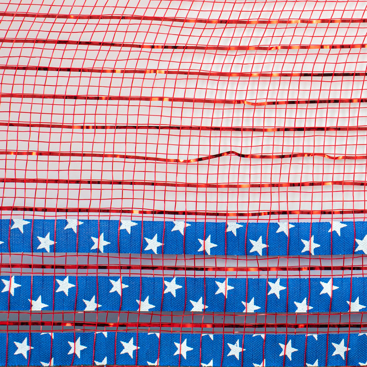 10" Ruffle Patterned Mesh: Red Metallic With Royal Blue & White Stars detail photo 3