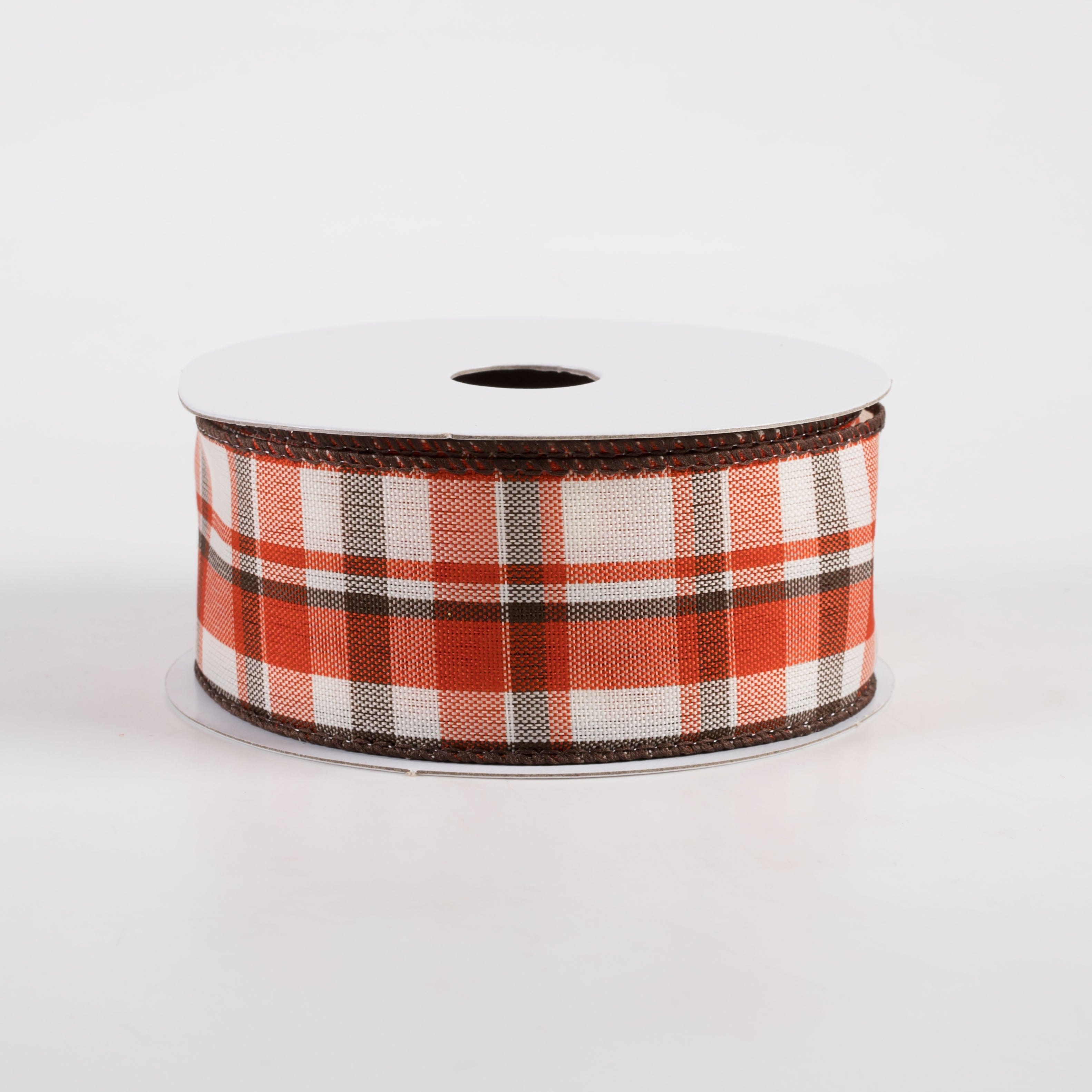 1.5" Rust Orange & Brown Plaid Ribbon: Cream (10 Yards)