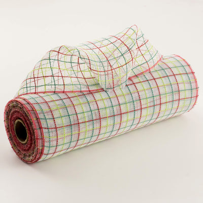 10" Fabric Fine Weave Check Mesh: White with Red, Emerald & Lime