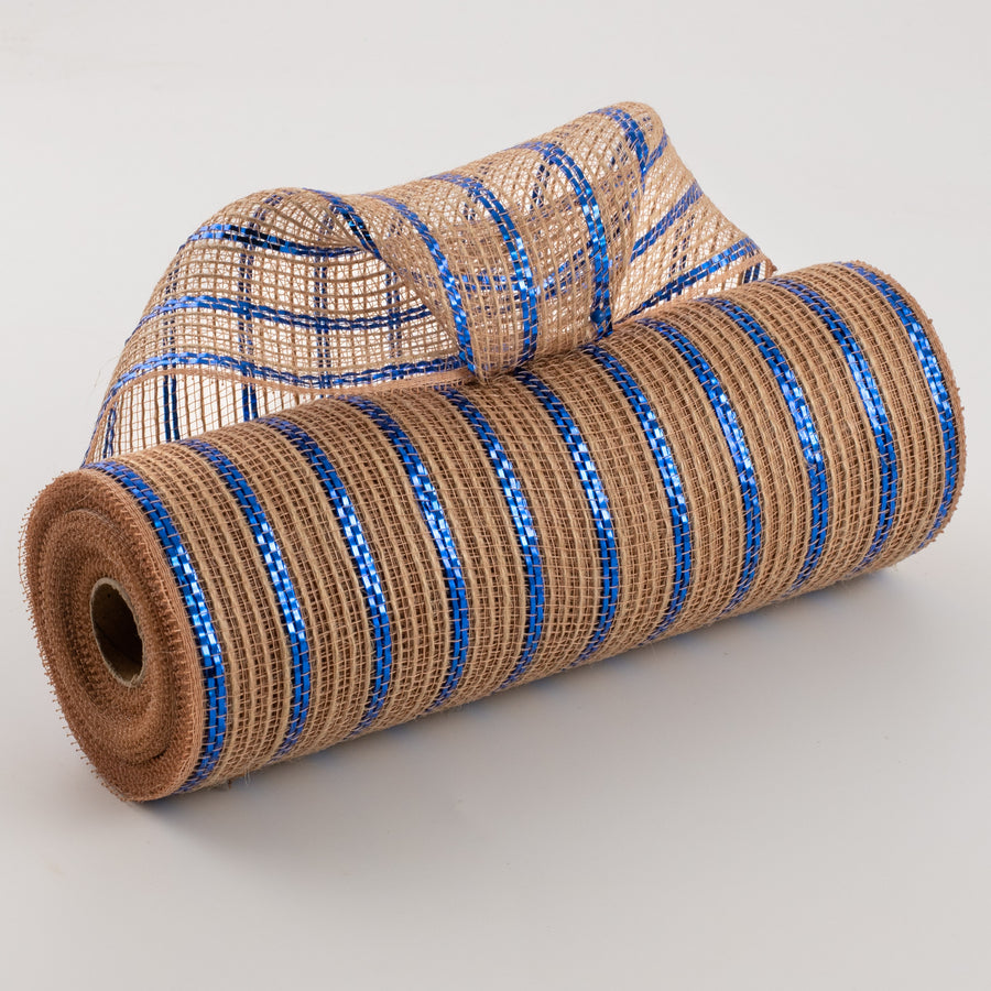 10" Poly Jute Deco Mesh: Natural & Royal Blue Metallic Stripe (10 Yards)
