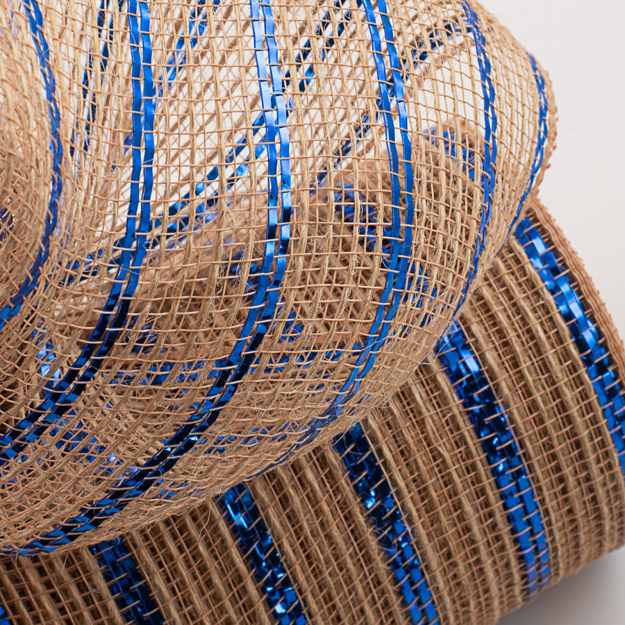 10" Poly Jute Deco Mesh: Natural & Royal Blue Metallic Stripe (10 Yards)