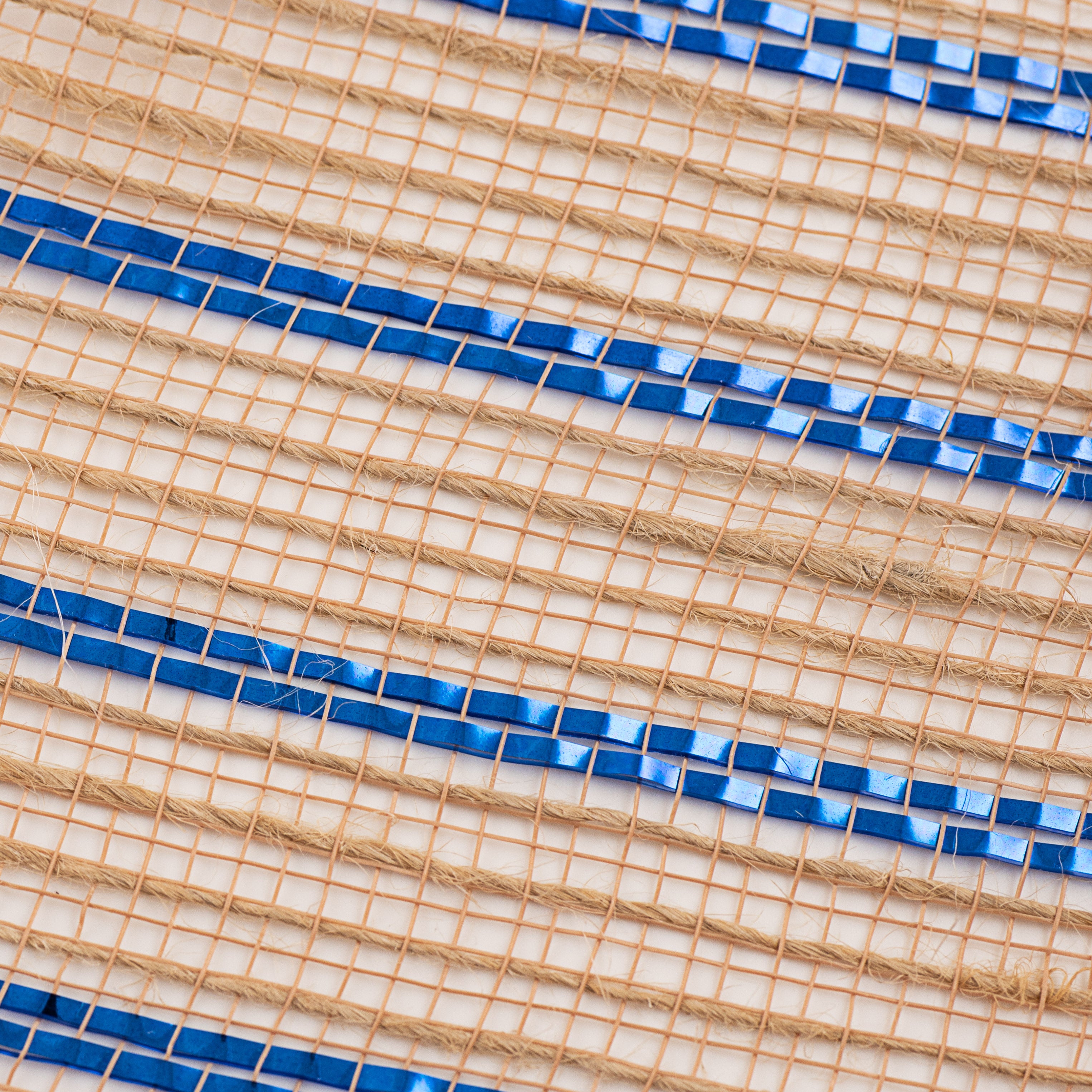 10" Poly Jute Deco Mesh: Natural & Royal Blue Metallic Stripe (10 Yards)