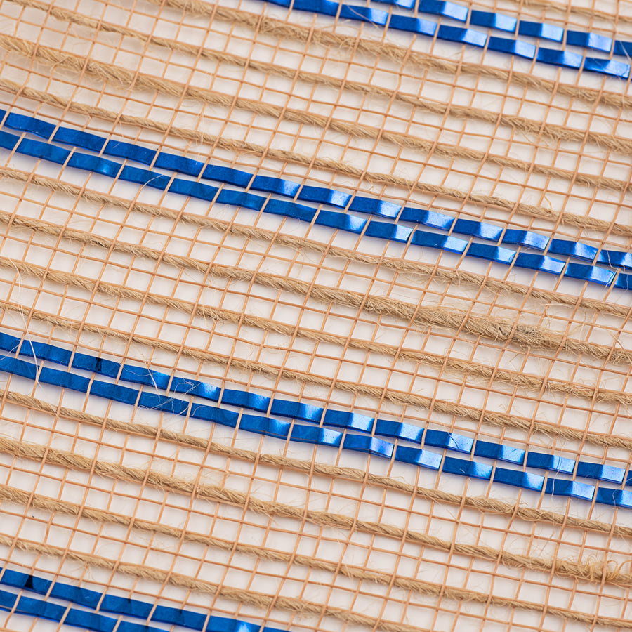 10" Poly Jute Deco Mesh: Natural & Royal Blue Metallic Stripe (10 Yards)