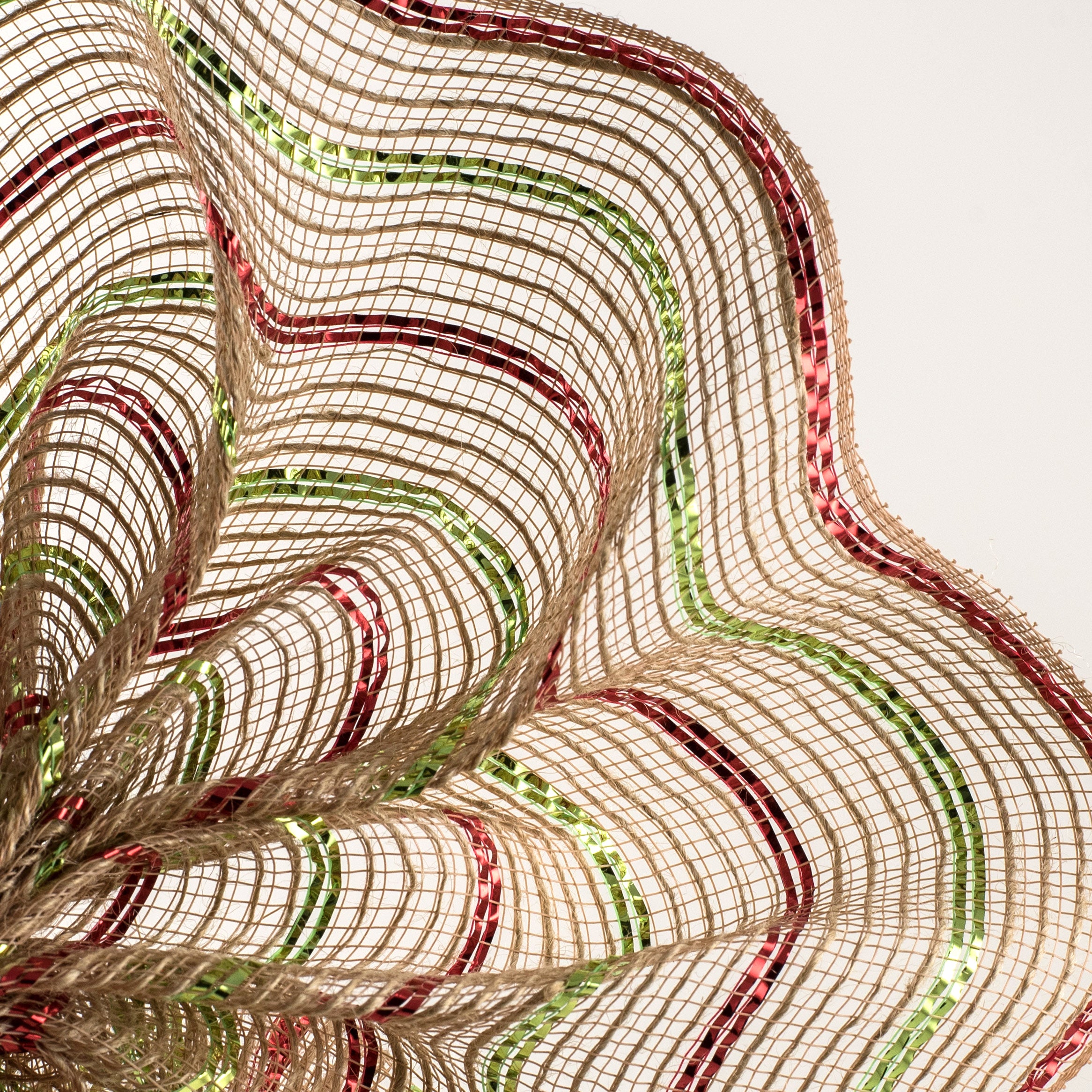 10" Poly Jute Deco Mesh: Natural & Lime/Red Metallic Stripe (10 Yards)