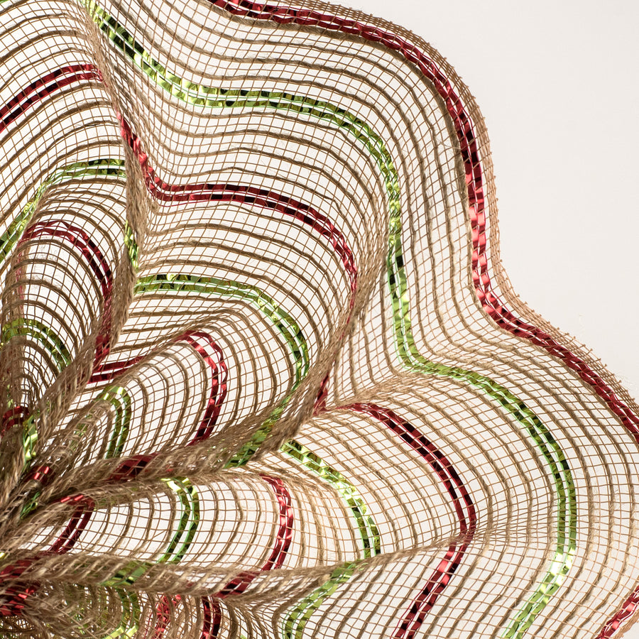 10" Poly Jute Deco Mesh: Natural & Lime/Red Metallic Stripe (10 Yards)