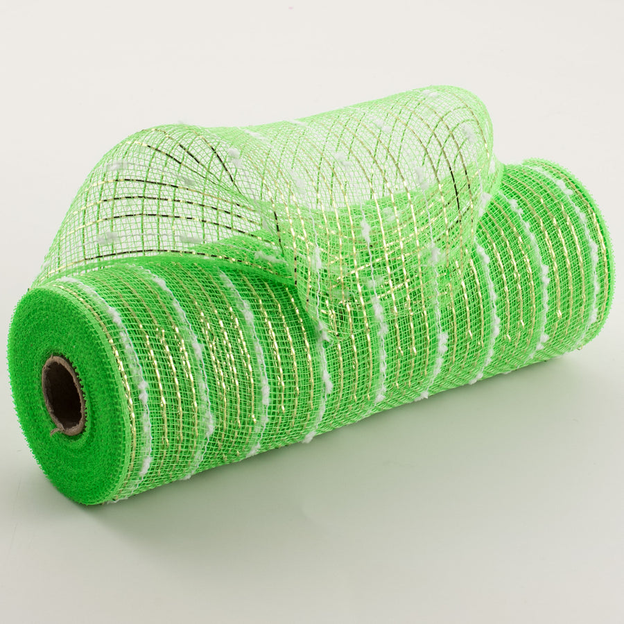 10" Metallic Snowball Deco Mesh: Lime Green & White (10 Yards)
