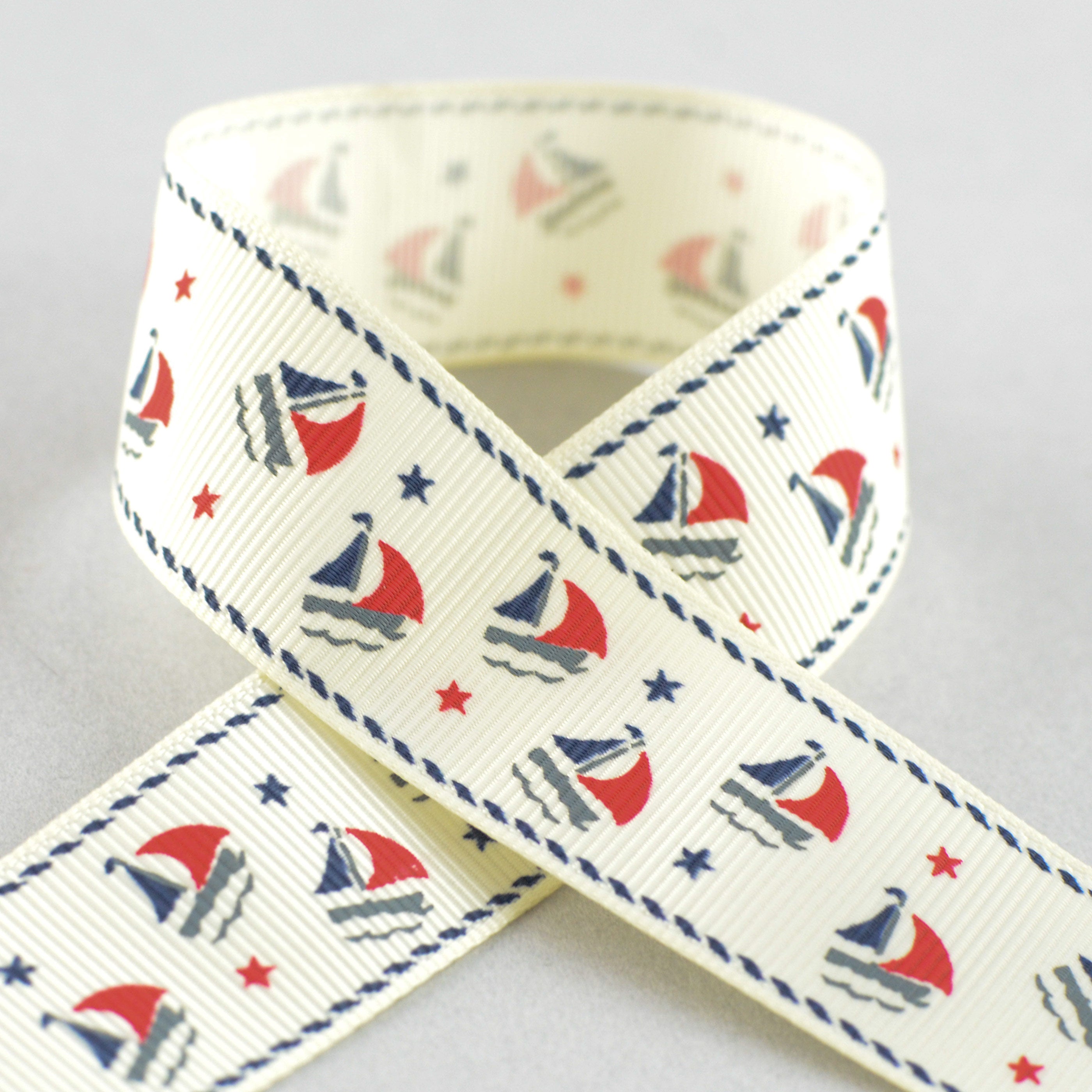 1" Sailboat Grosgrain Ribbon: Ivory, Navy & Red (25 Yards) detail photo 3