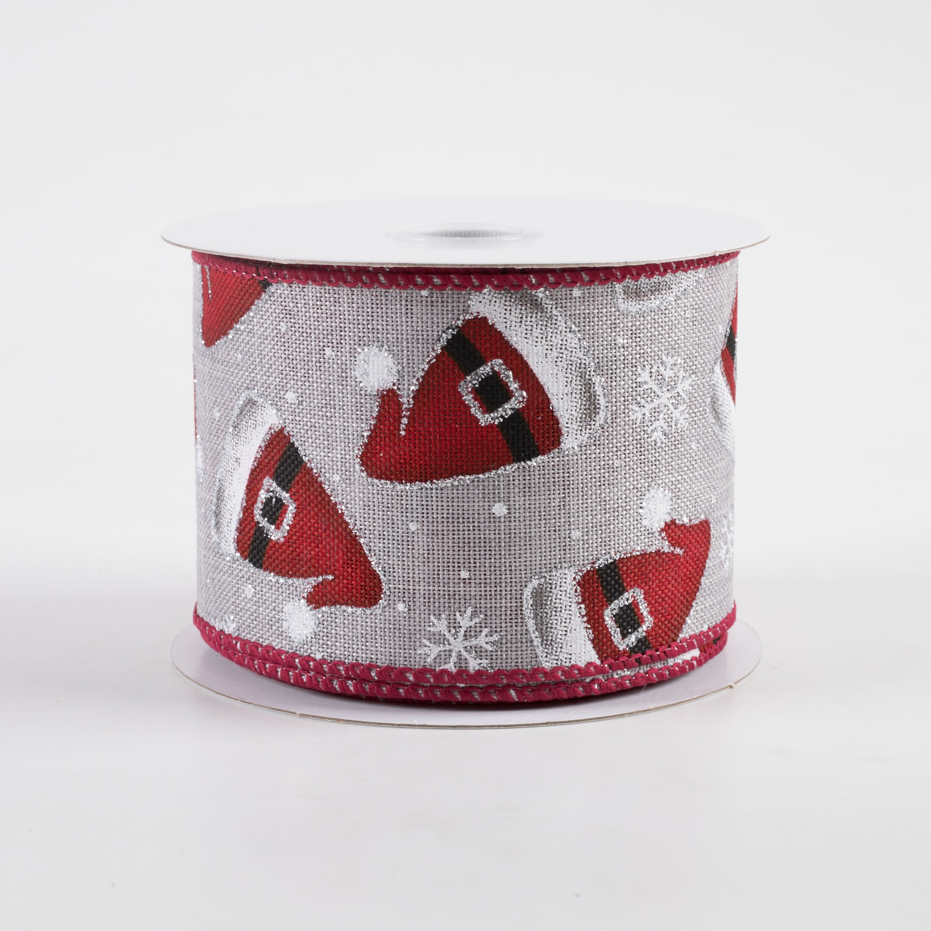 2.5" Santa Hats, Snowflakes, Silver Glitter Ribbon: Gray (10 Yards)