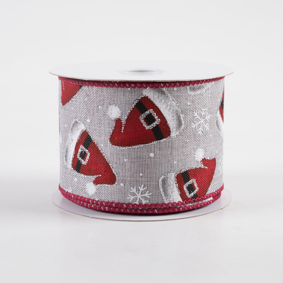 2.5" Santa Hats, Snowflakes, Silver Glitter Ribbon: Gray (10 Yards)