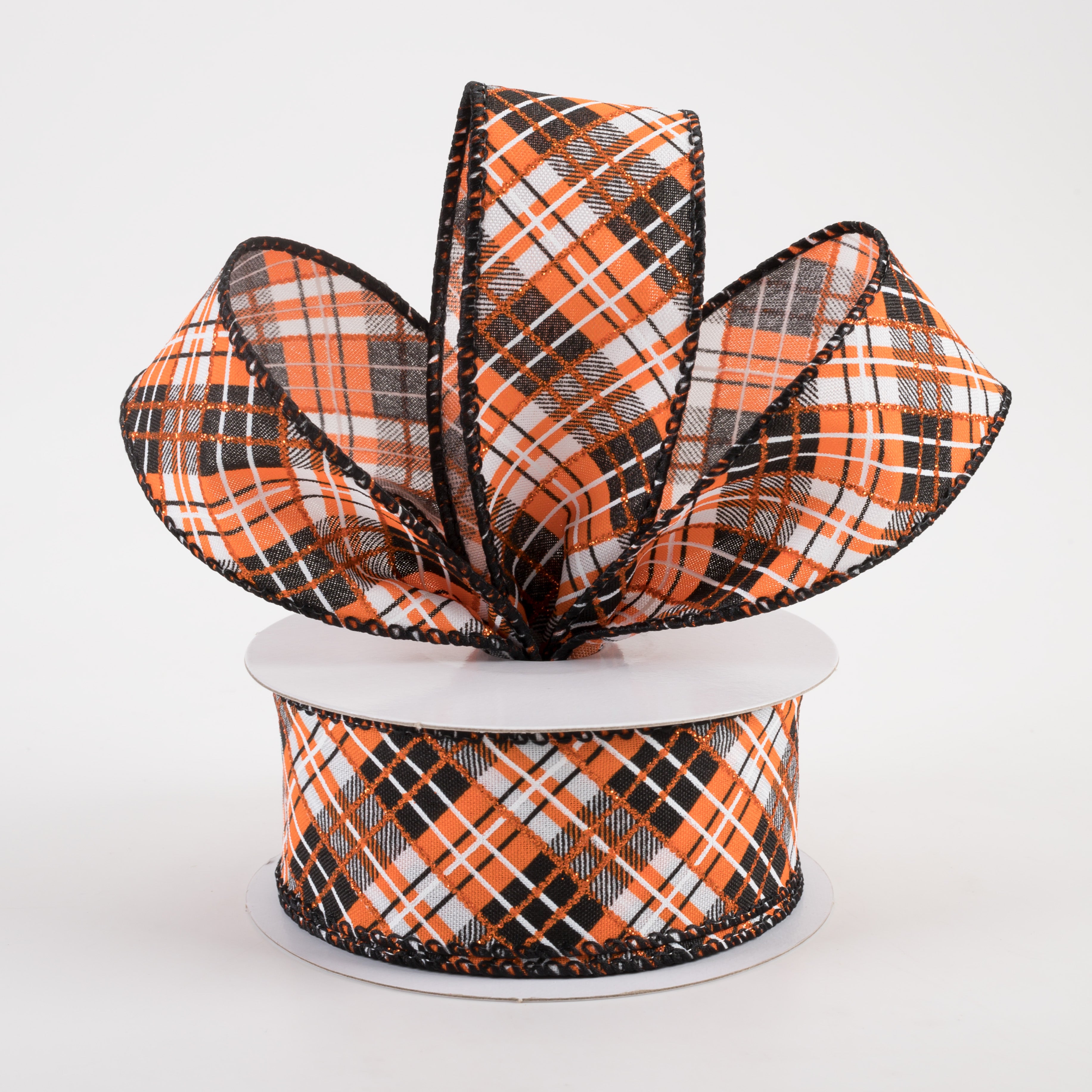 1.5" Satin Busy Diagonal Plaid Ribbon: Black, Orange & White (10 Yards) Lifestyle Photo