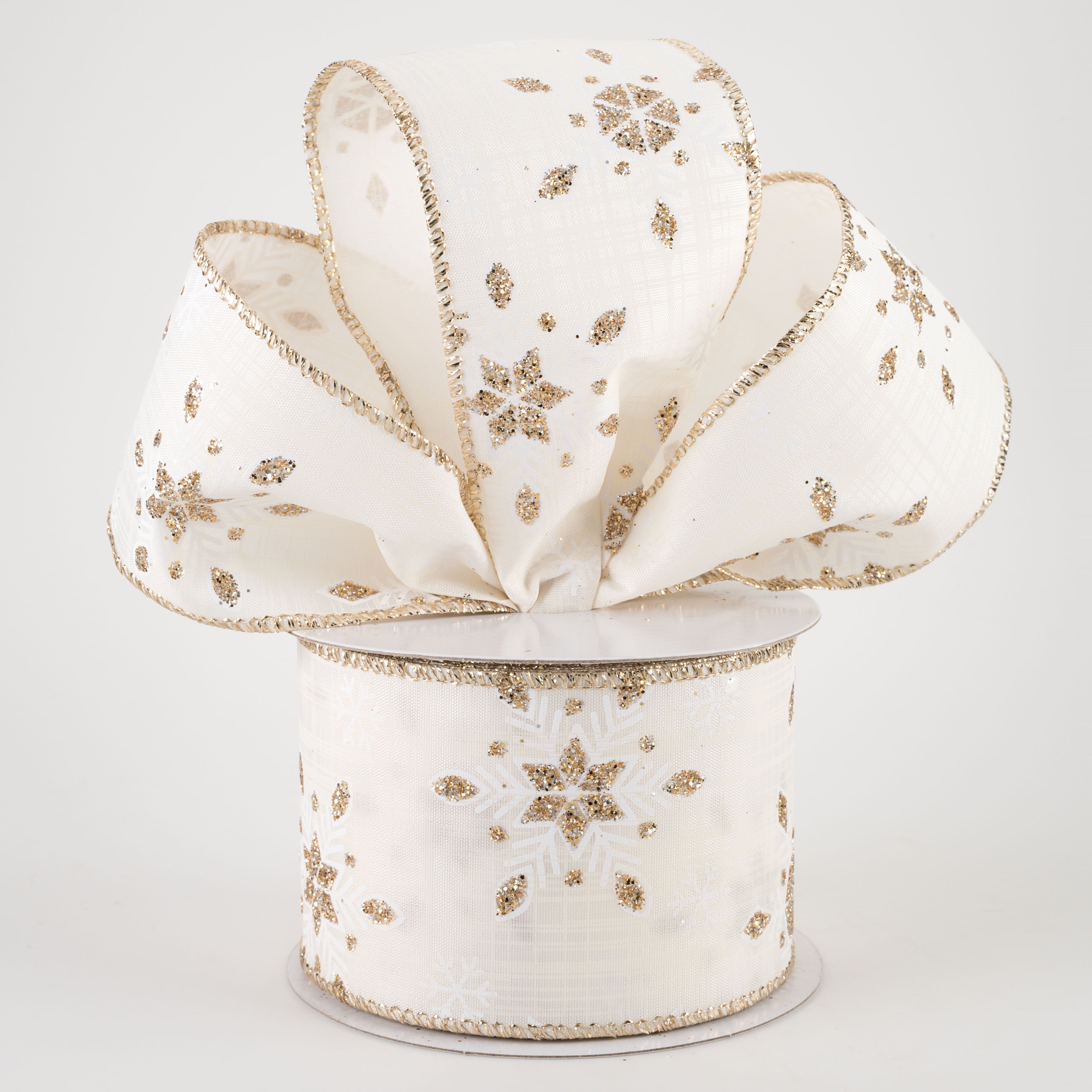 2.5" Satin Champagne Glitter Snowflake Ribbon (10 Yards) Lifestyle Photo